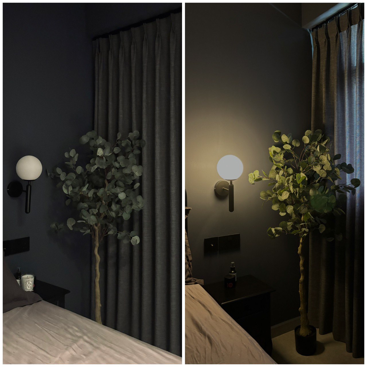 Different lighting can transform spaces 💡  - dark room, cozy ambiance, dim lighting, soft shadows, nightstand, wall sconce