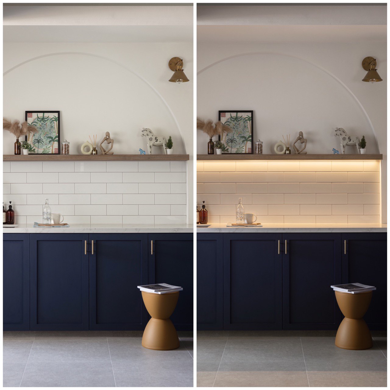 Different lighting can transform spaces 💡  - Modern kitchen with minimalist design, white subway tiles, dark blue cabinetry