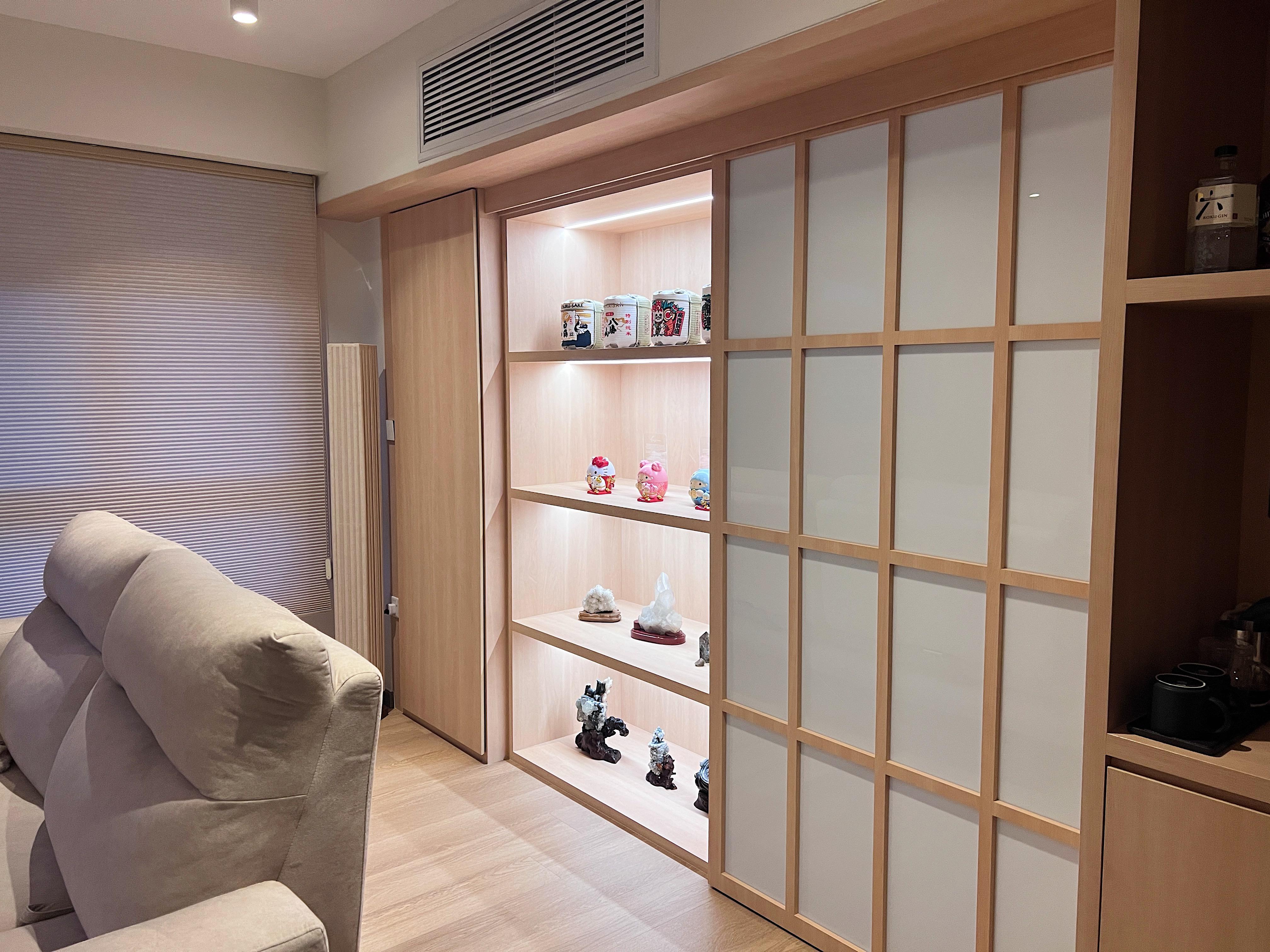 Into our Modern Japanese zen living room - Wooden shelving unit, minimalist design, light-colored wood, sliding doors, soft