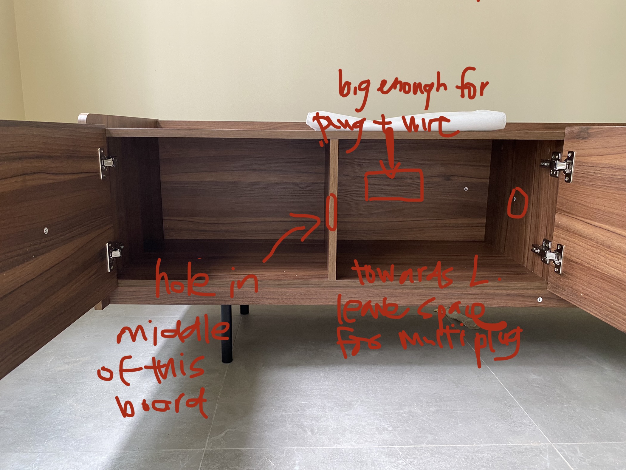 Our living room budget hack: "built in" TV console for just $250 - under counter, wooden cabinets, open drawer, middle of