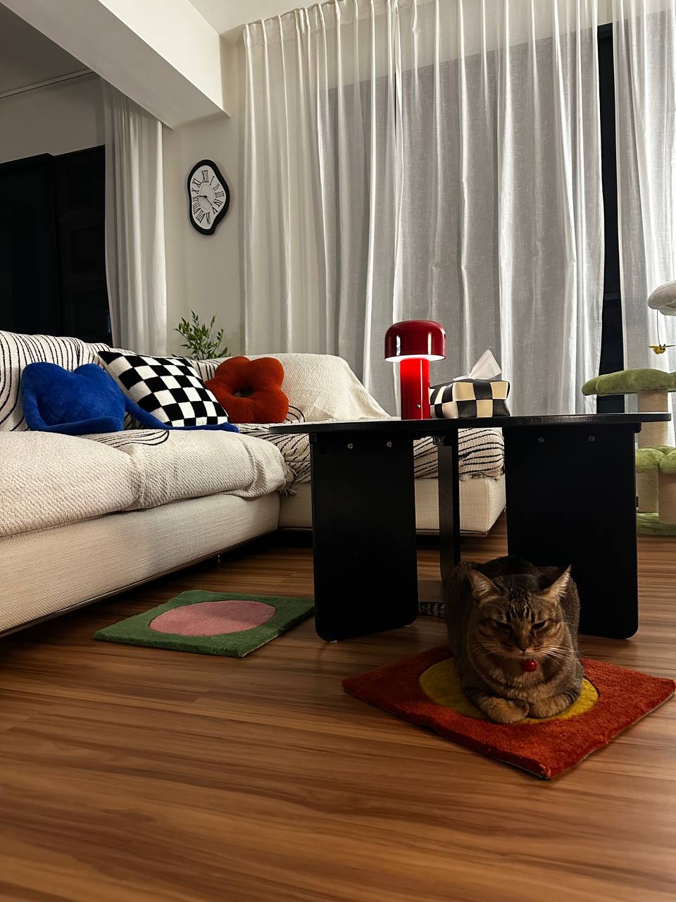 How we style a living room with no built ins!  - Modern living room, cozy sofa, colorful pillows, black and white checkered