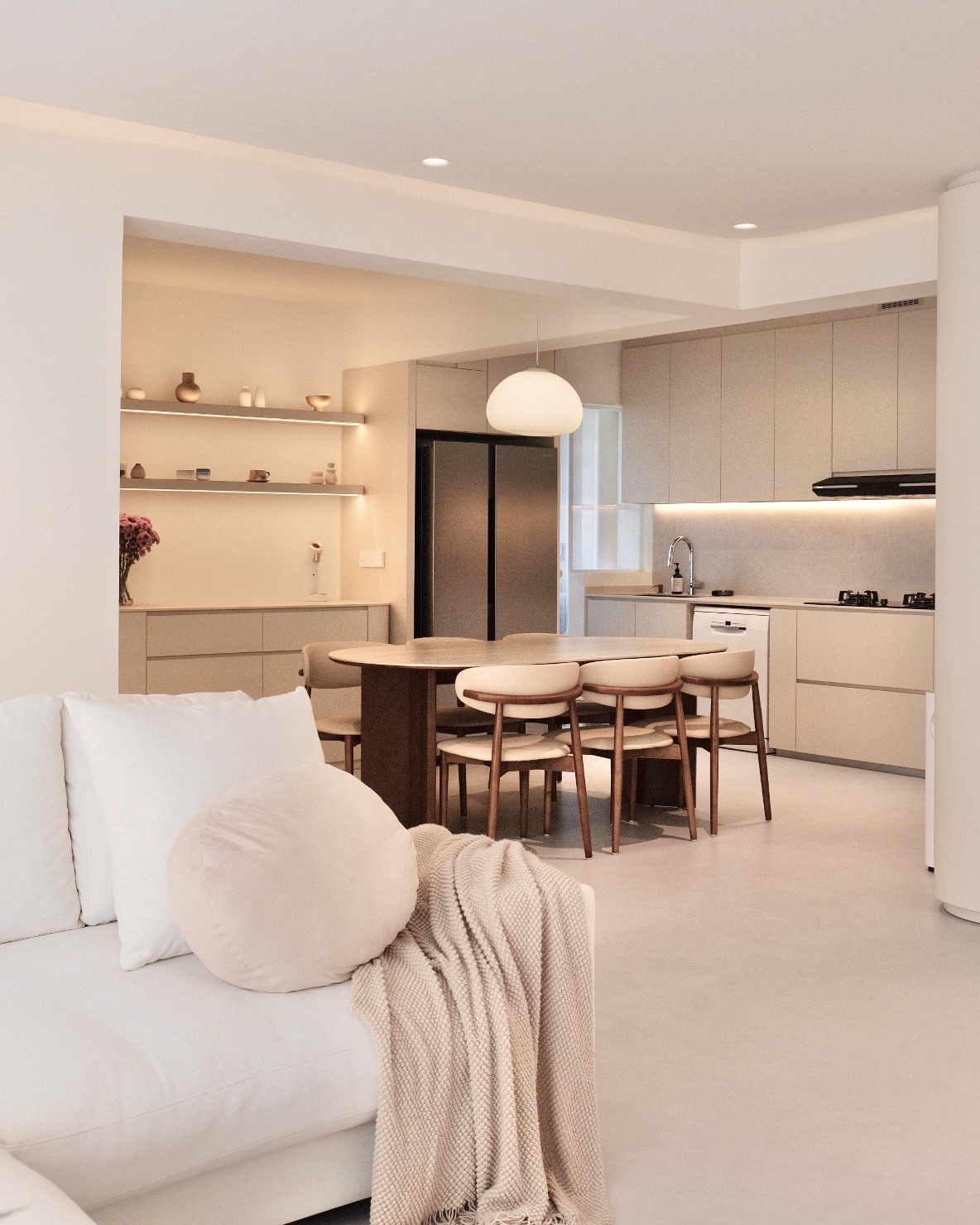 Heart Of The Home: Creating My Dream Cream Kitchen - Modern minimalist kitchen and living room, neutral color palette, cozy