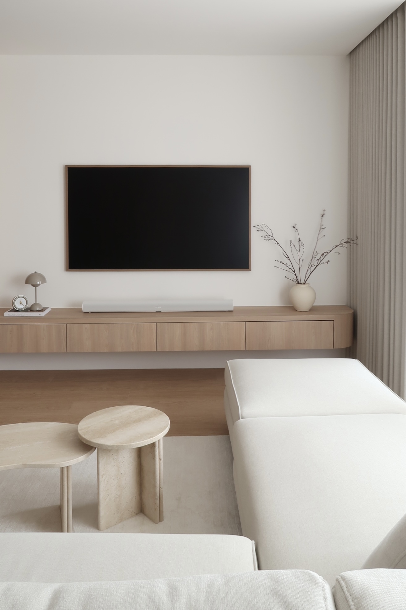 Living Room: Where the Homebodies Gather - Modern minimalist living room, sleek wooden console, contemporary furniture