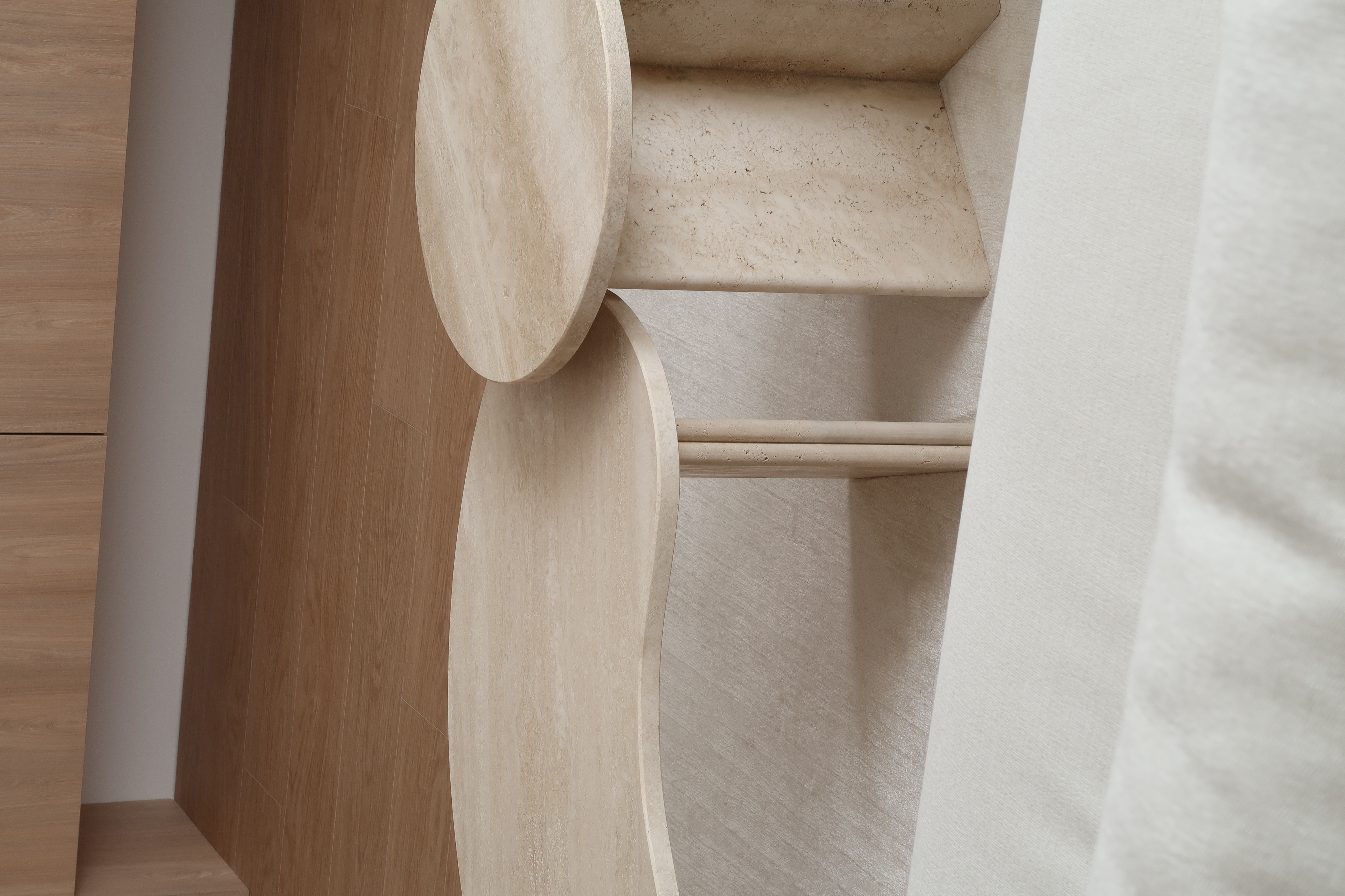 Living Room: Where the Homebodies Gather - Wooden staircase with circular design, minimalist decor, natural wood texture