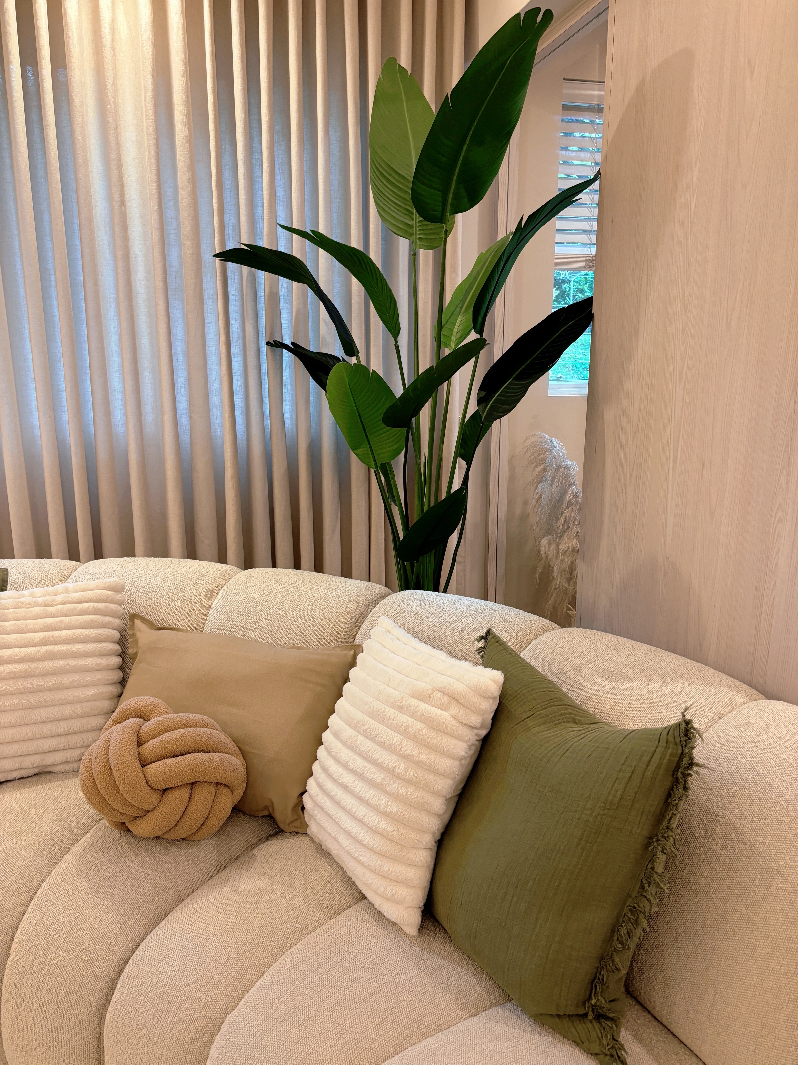Sprucing Up Home Decor: Adding Greens for a Fresh Touch - Cream-colored curtains, green plant, beige couch, plush pillows
