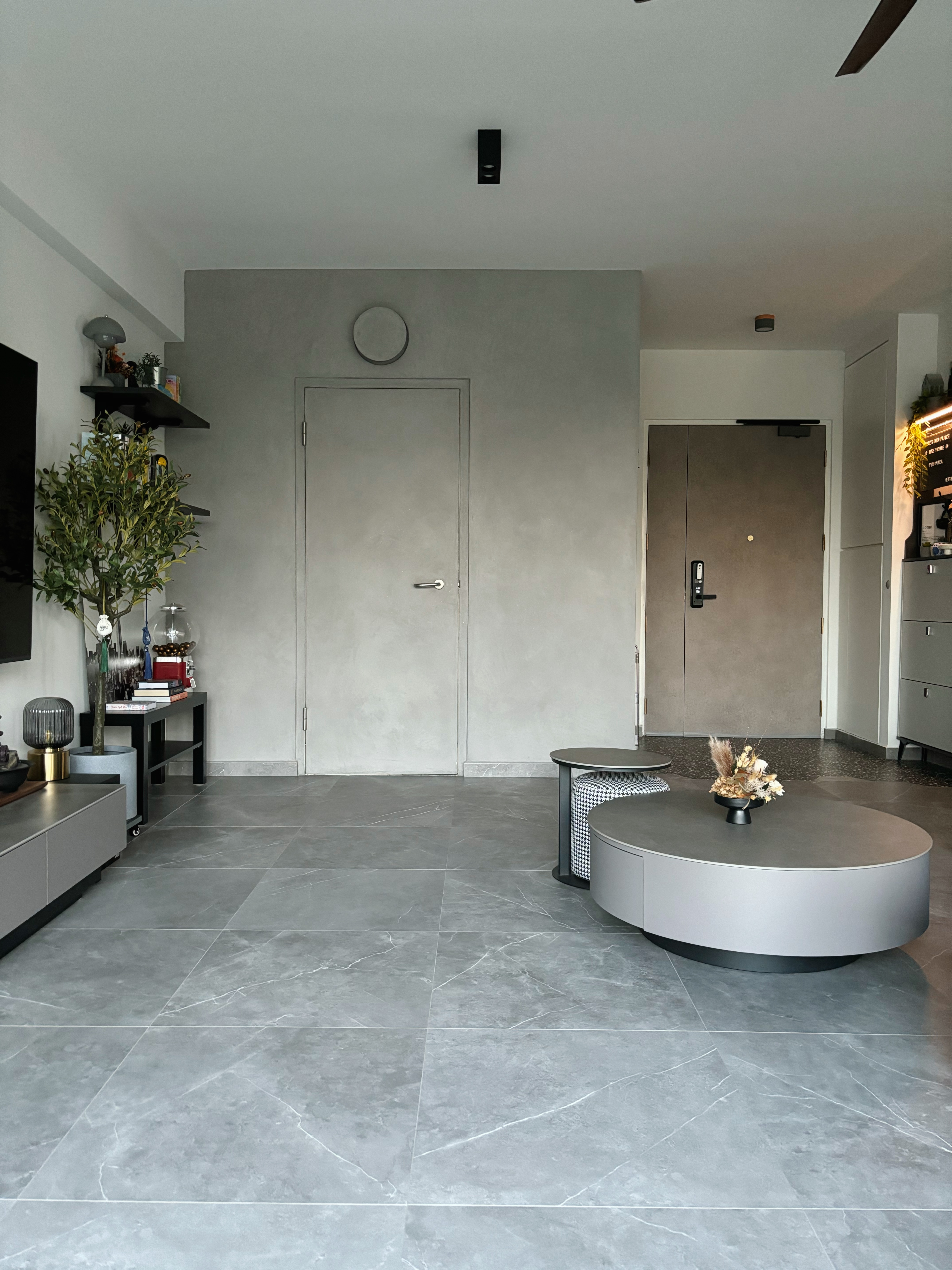 Minimal Effort, Maximum Comfort: Welcome to Our Living Room - Modern minimalist living room, sleek black TV stand, gray