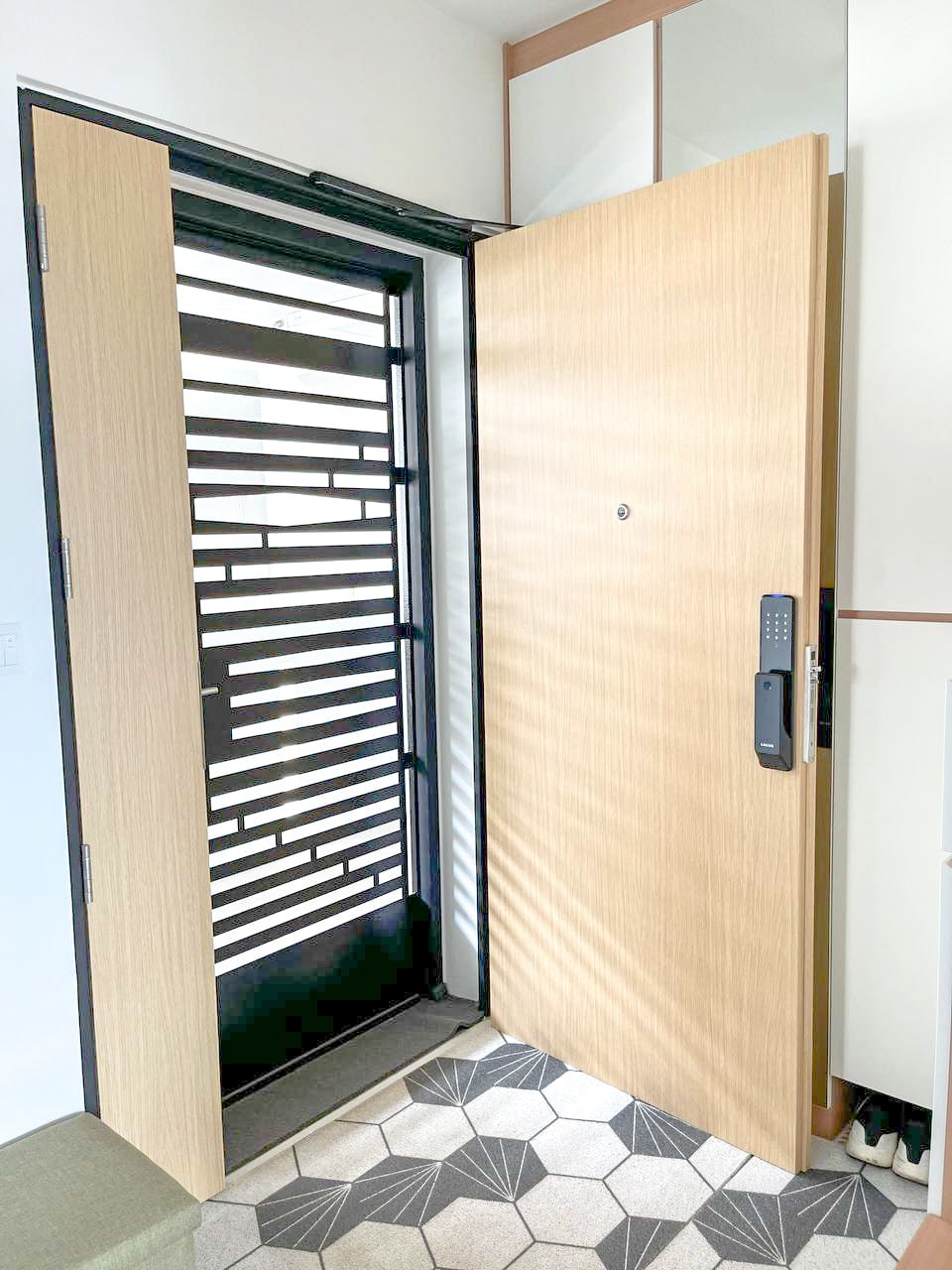 Japandi-inspired entry way with fully functional storage space area  - Wooden sliding door, modern design, open and closed