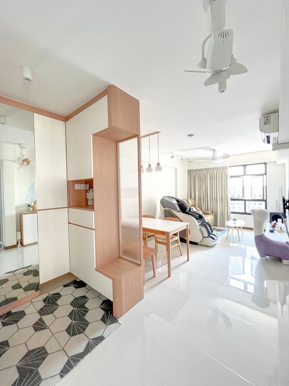 Japandi-inspired entry way with fully functional storage space area  - Modern minimalist living room with sleek design, large