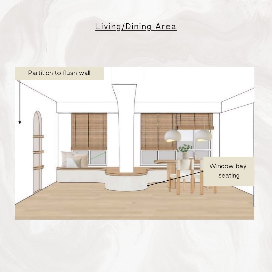 Our Living Room: Bright, Soft, and Beautifully Airy - Living/Dining Area, Partition to flush wall, Window bay seating, Wooden