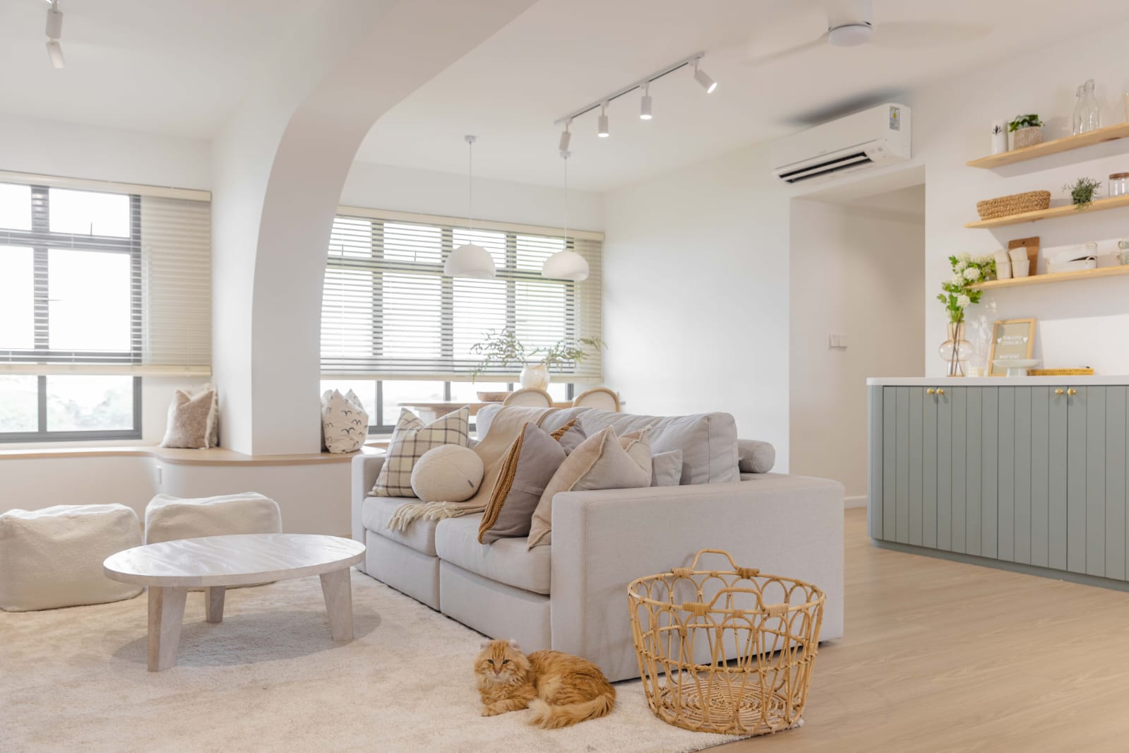 Our Living Room: Bright, Soft, and Beautifully Airy - Modern living room with neutral color palette, large windows with