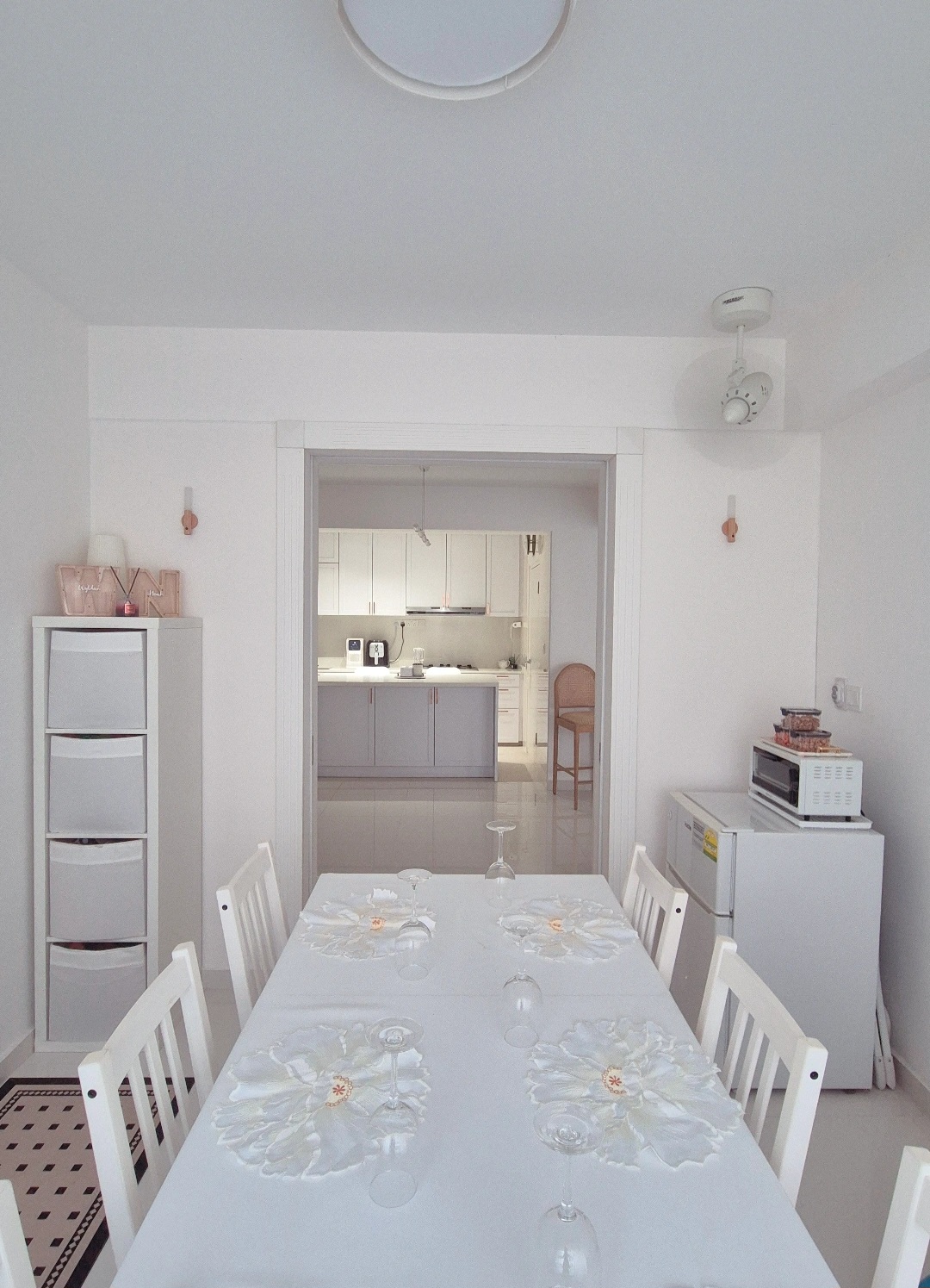Best home investment(s) by PunggoHField - White dining room, minimalist kitchen, modern dining table, white chairs, floral