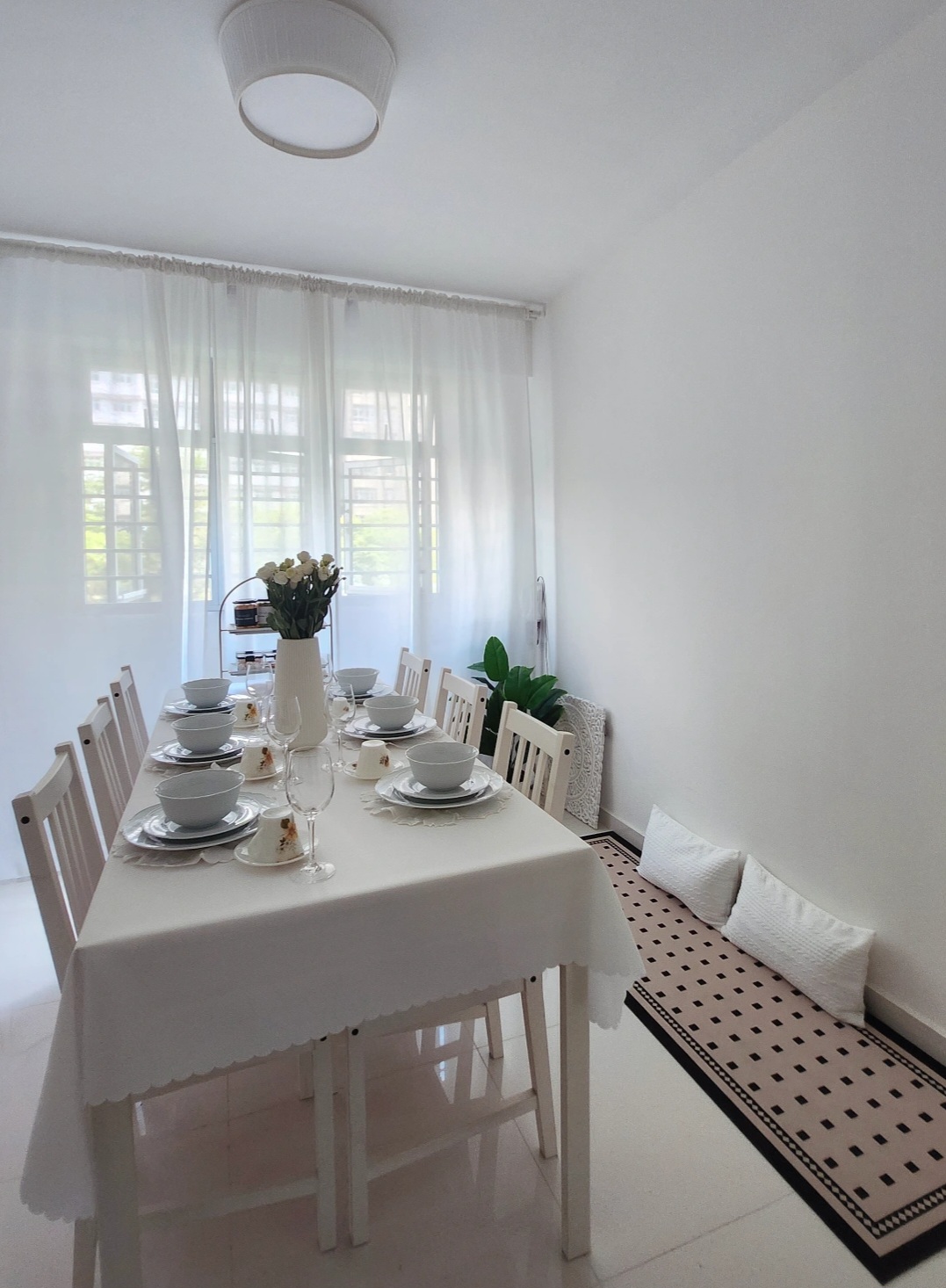 Best home investment(s) by PunggoHField - White dining room, minimalist table, elegant tablecloth, white chairs, floral