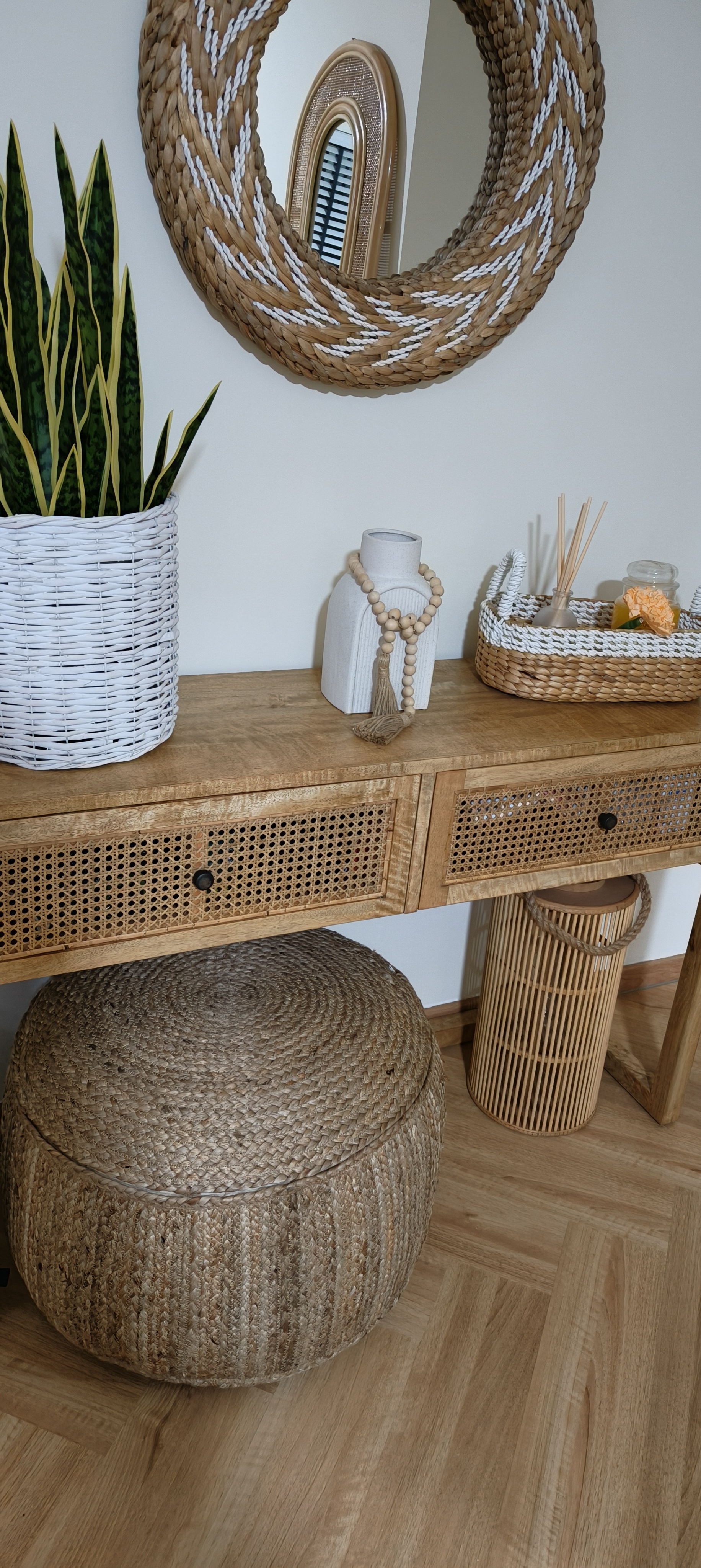 Nice pouf - woven baskets, natural materials, rustic decor, wooden furniture, woven wall art, green plants, decorative