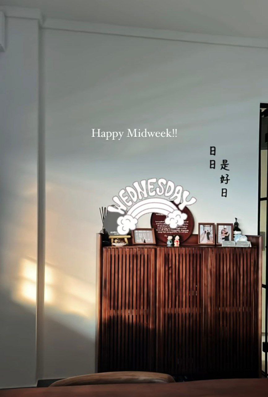 Sunset hues along our Entryway... a space for us to keep growing into - Midweek, Happy, greeting, Wednesday, wooden cabinet