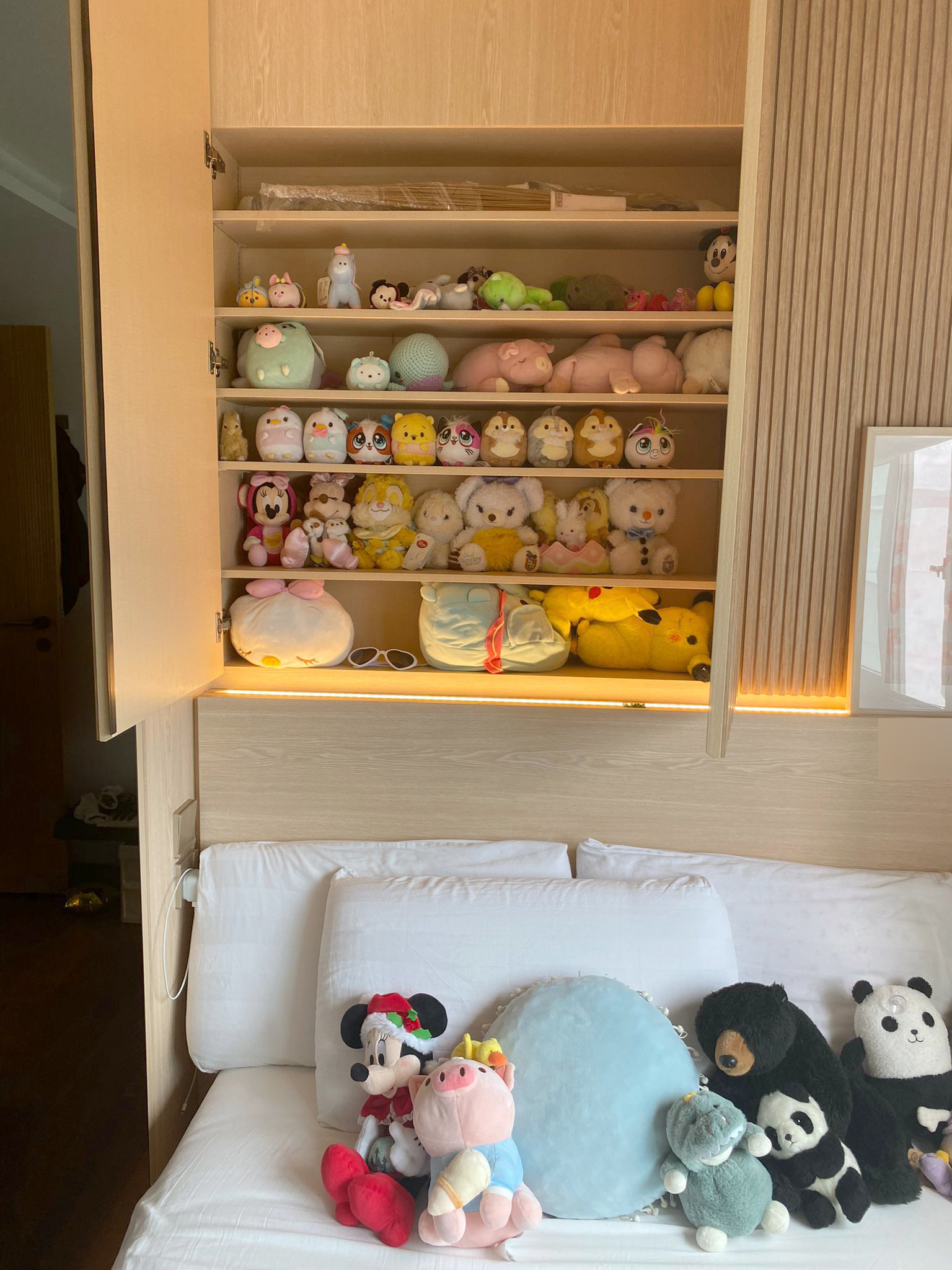 Secret Spaces: Unveiling Peek-a-Boo Hidden Storage Around Our House!  - Wooden wardrobe with plush toys, soft pillows, and a