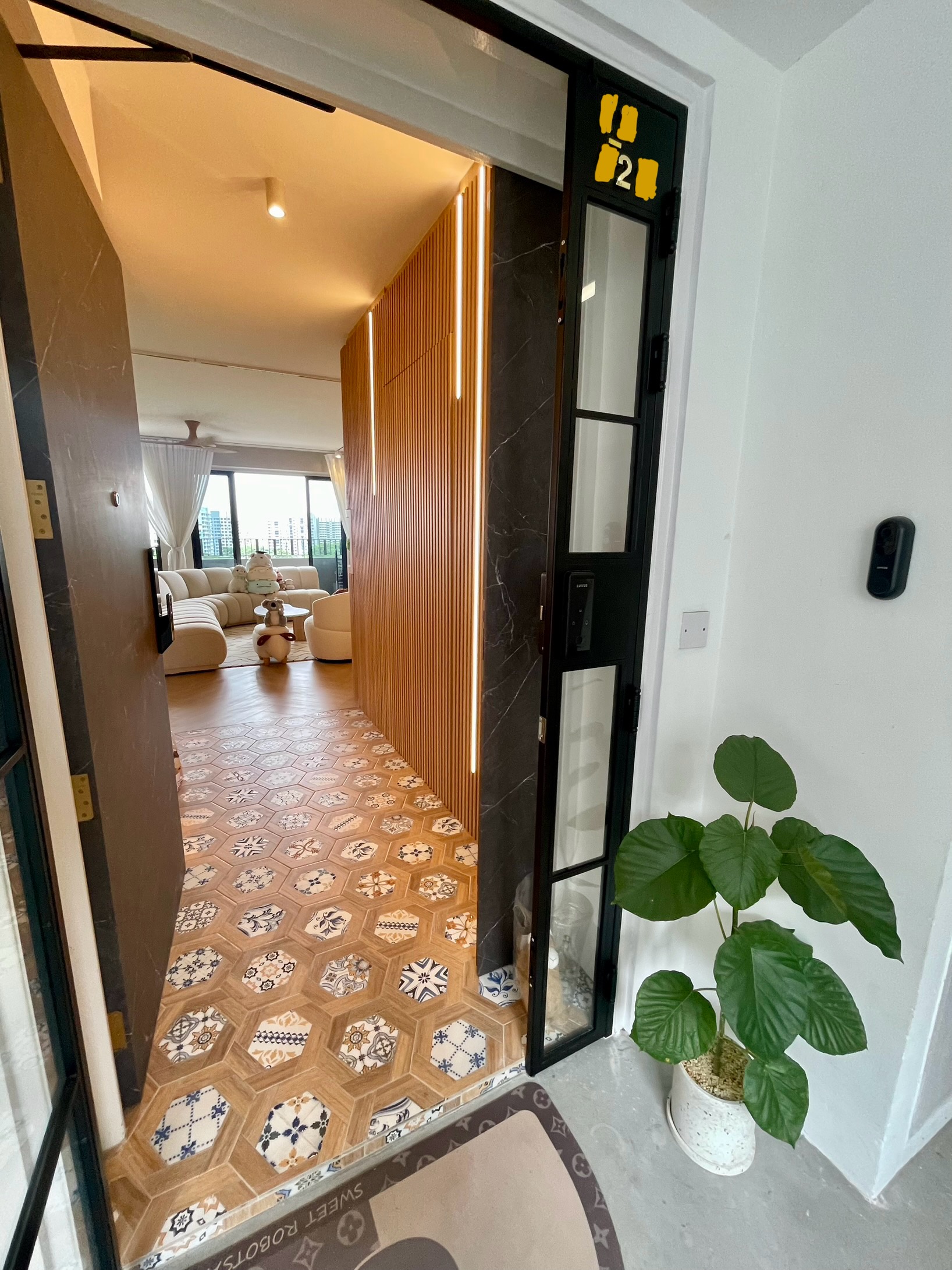 Our Entryway: An Amalgamation Of Peranakan Tiles & Tempered Glass Gate - Modern living room, stylish interior, open doorway