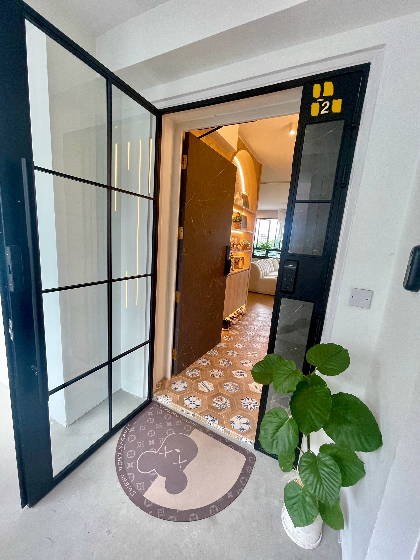Our Entryway: An Amalgamation Of Peranakan Tiles & Tempered Glass Gate - Glass doors, modern design, entranceway, stylish