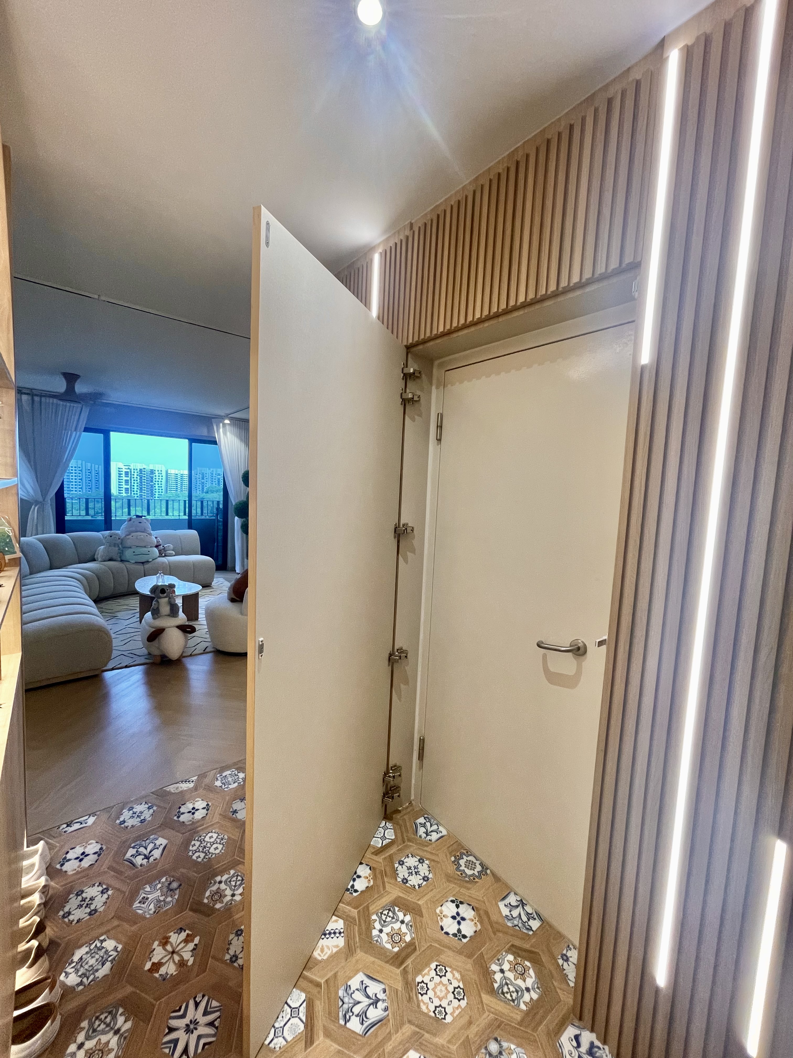 Our Entryway: An Amalgamation Of Peranakan Tiles & Tempered Glass Gate - Modern living room, cozy seating area, minimalist