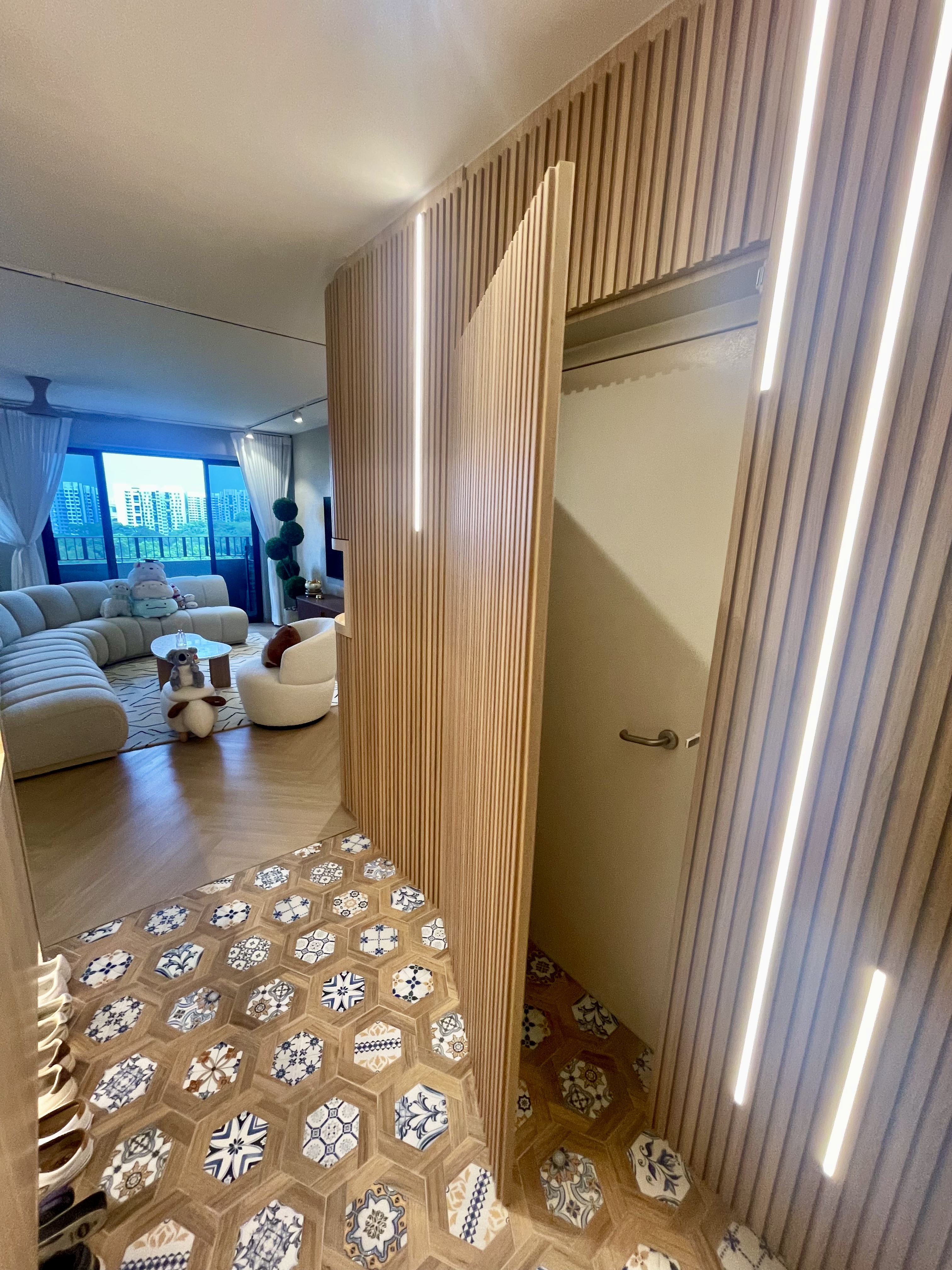 Our Entryway: An Amalgamation Of Peranakan Tiles & Tempered Glass Gate - Modern living room with wooden accents, large