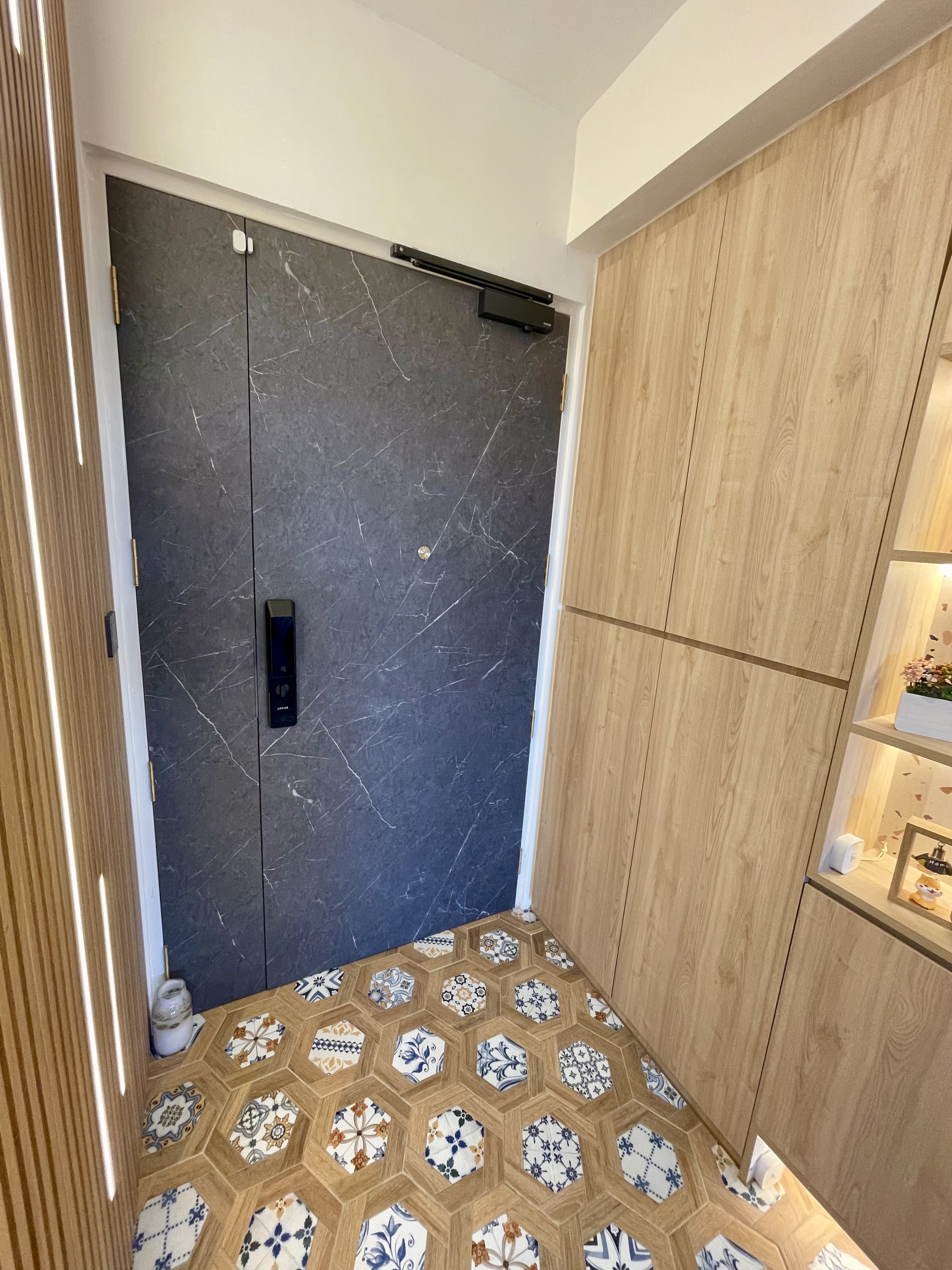 Our Entryway: An Amalgamation Of Peranakan Tiles & Tempered Glass Gate - Dark marble sliding door, wooden cabinets, hexagonal