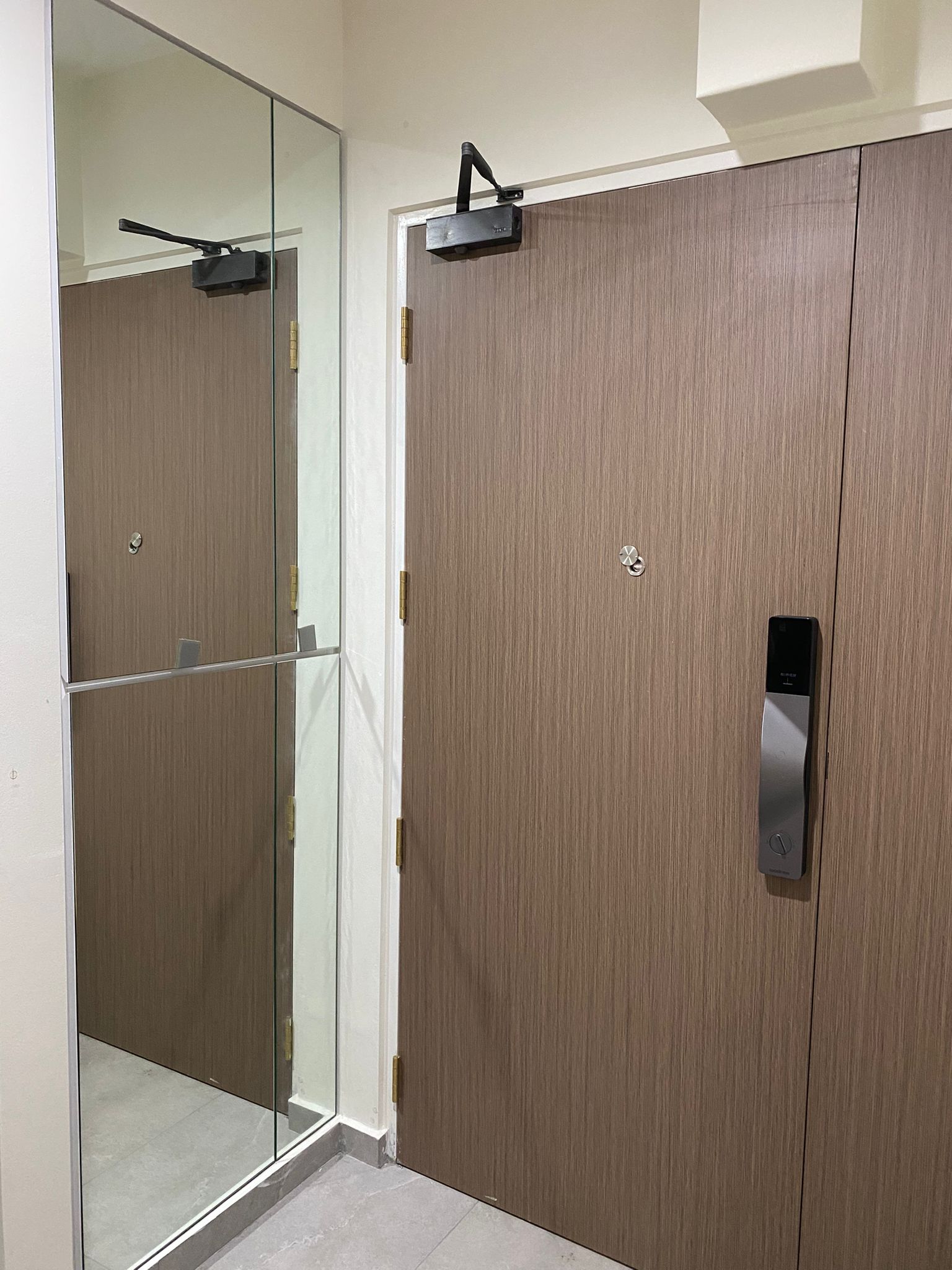 An entrance to an enchanting home, sets tone for guests - Wooden door, glass shower enclosure, black handle, metallic lock