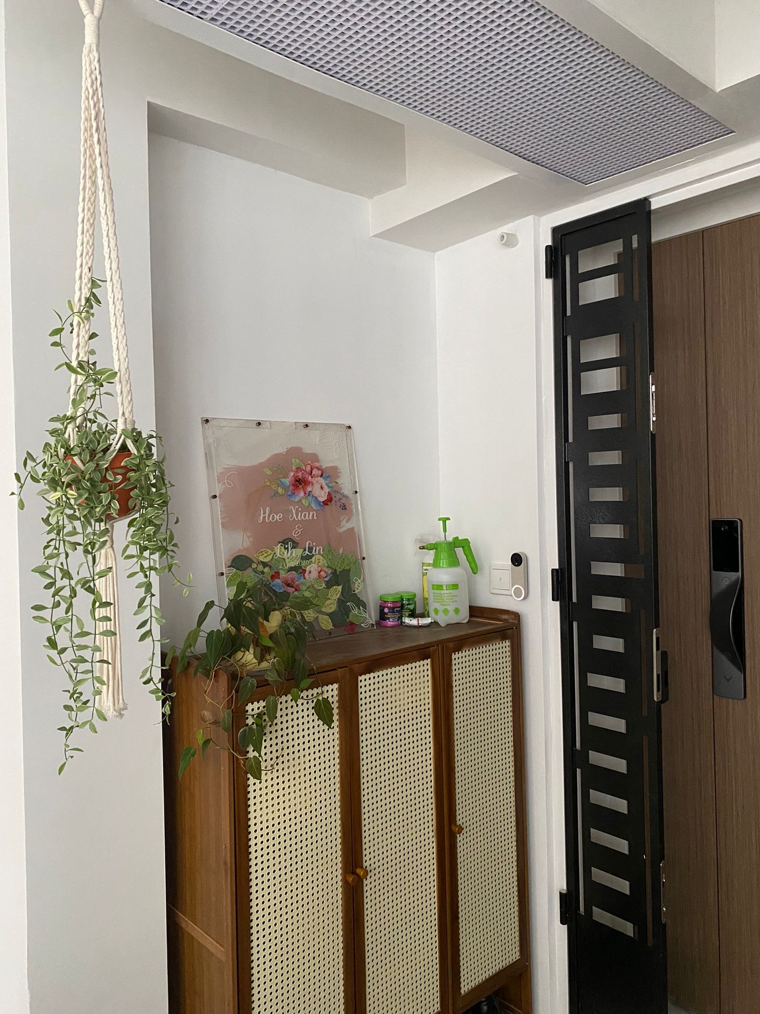 An entrance to an enchanting home, sets tone for guests - Hanging plant, white rope, wooden cabinet, floral decoration, "Hoe