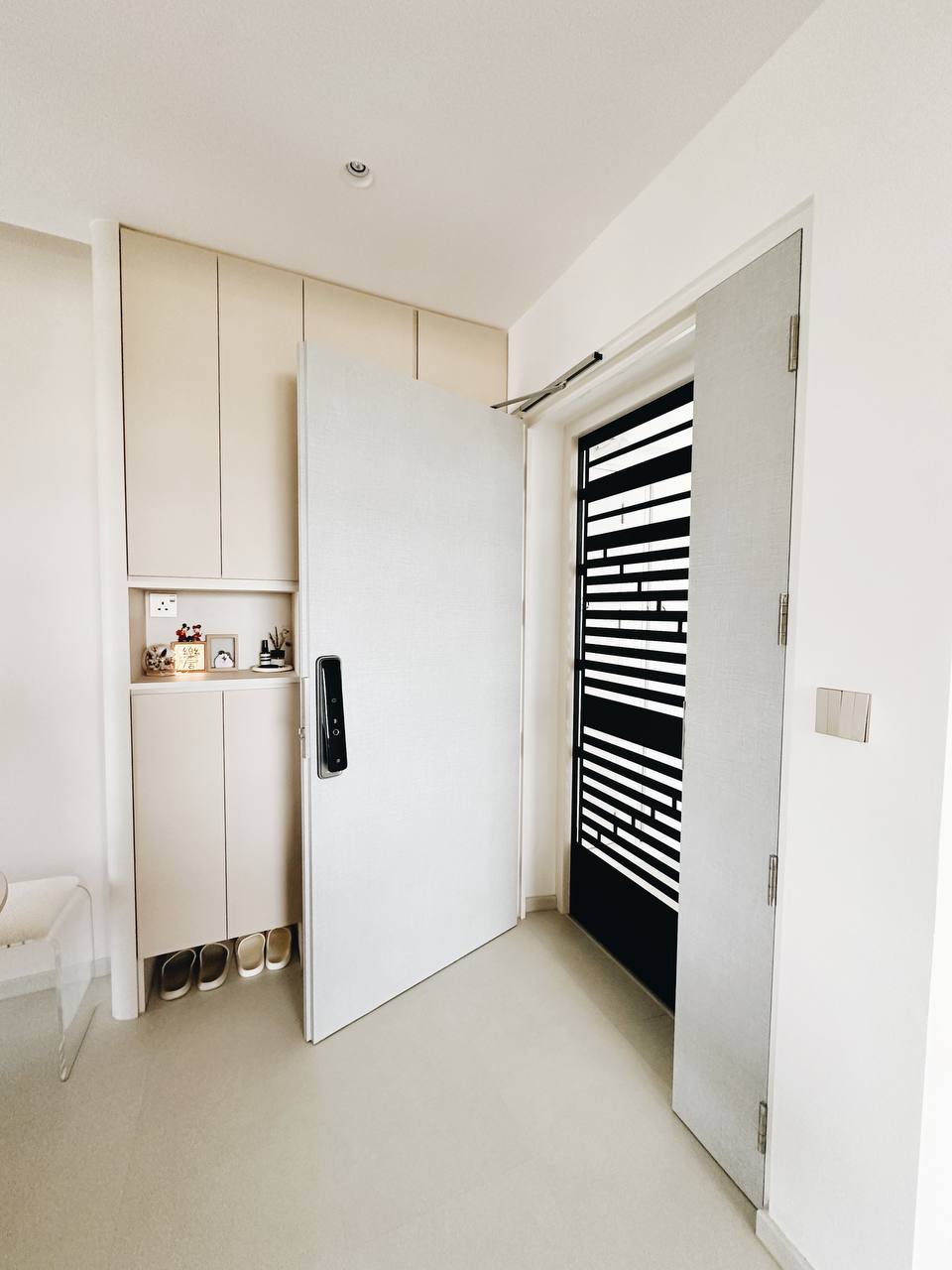 Our Entryway: Built-in shoe cabinet or not?  - Light fixture, minimalist design, modern kitchen, white cabinets, integrated