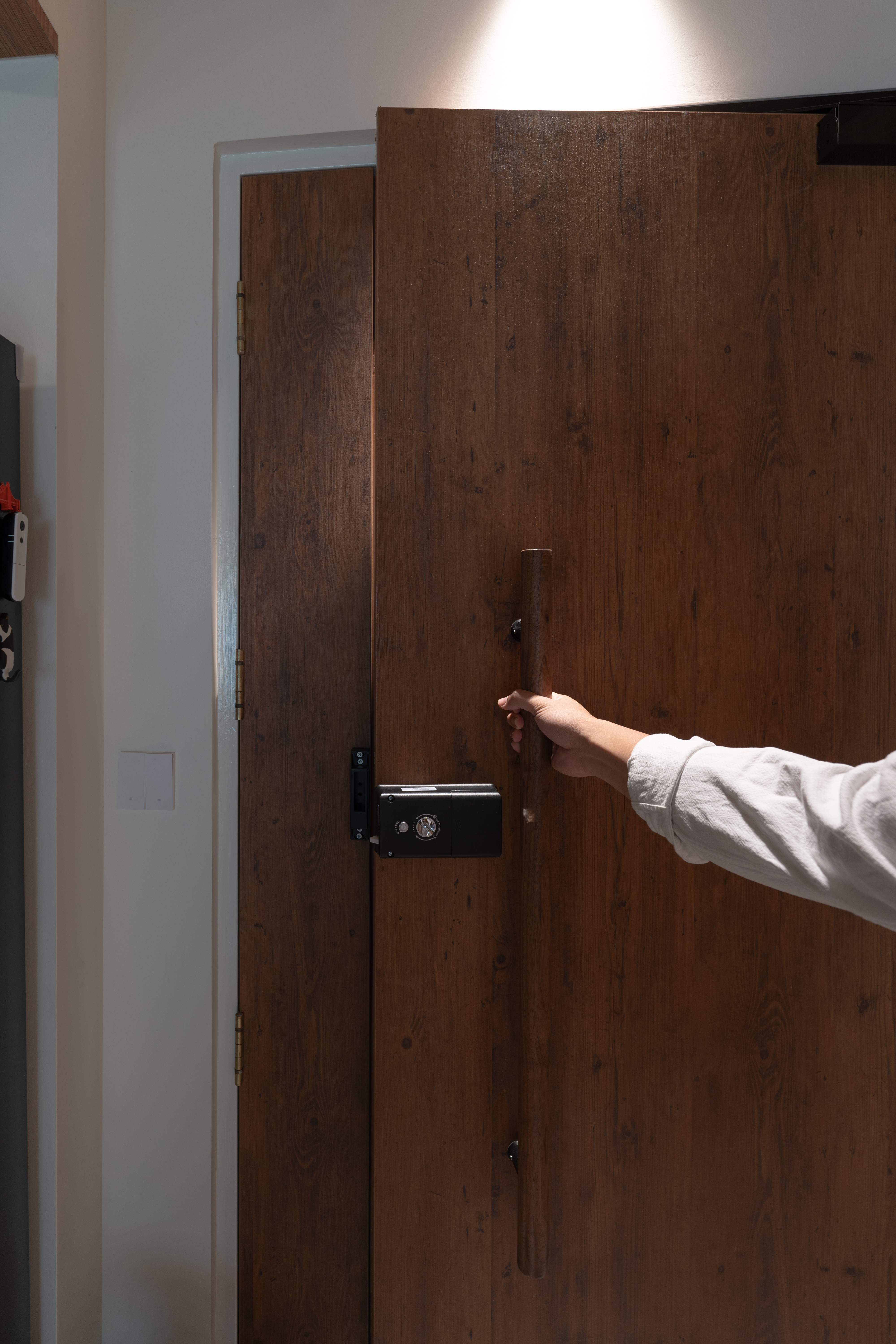 Entryway vibes and the stylish way we built my dream shoe closet! - Wooden door, wooden panel, wooden handle, wooden door