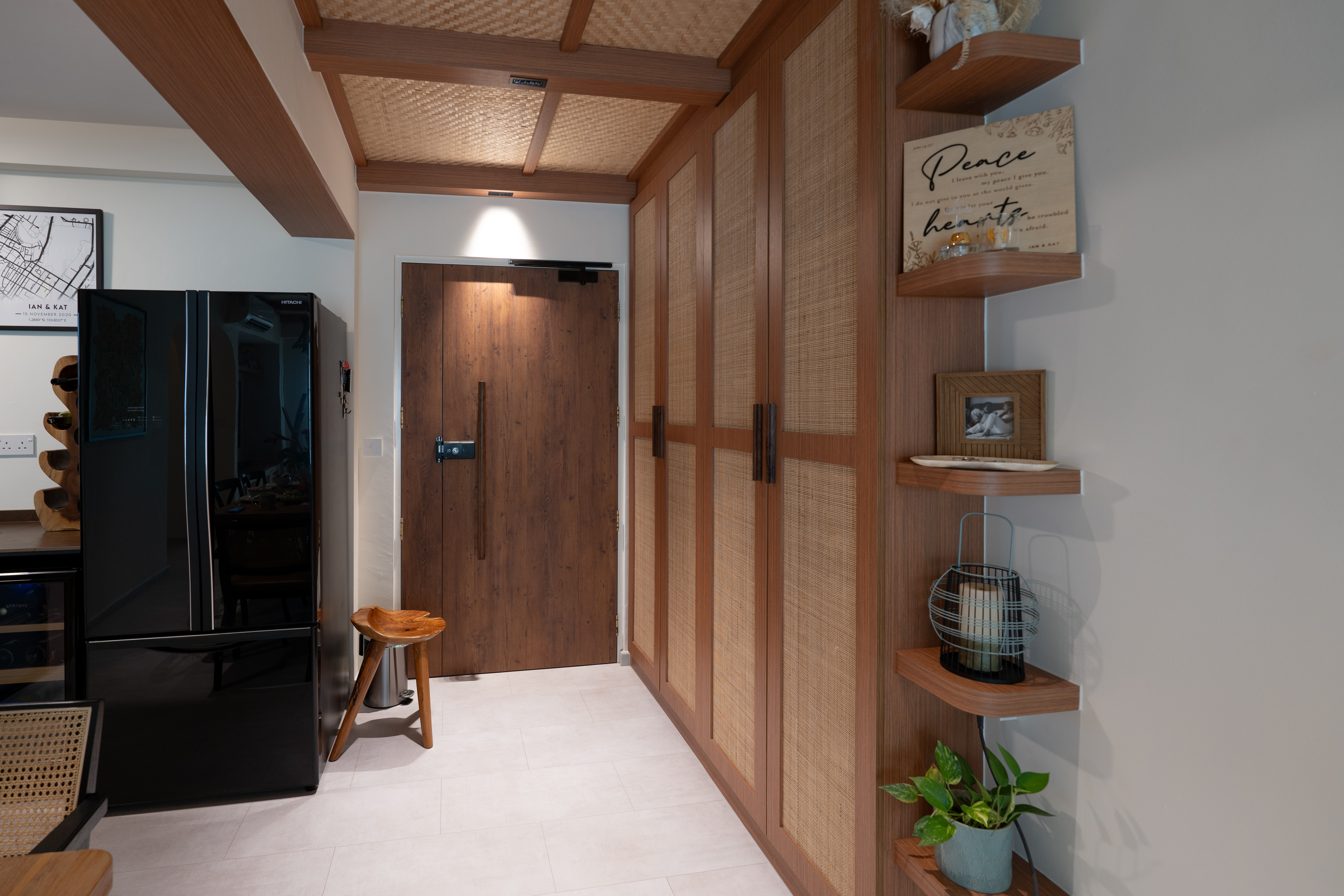 Entryway vibes and the stylish way we built my dream shoe closet! - Wooden kitchen shelves, black refrigerator, wooden