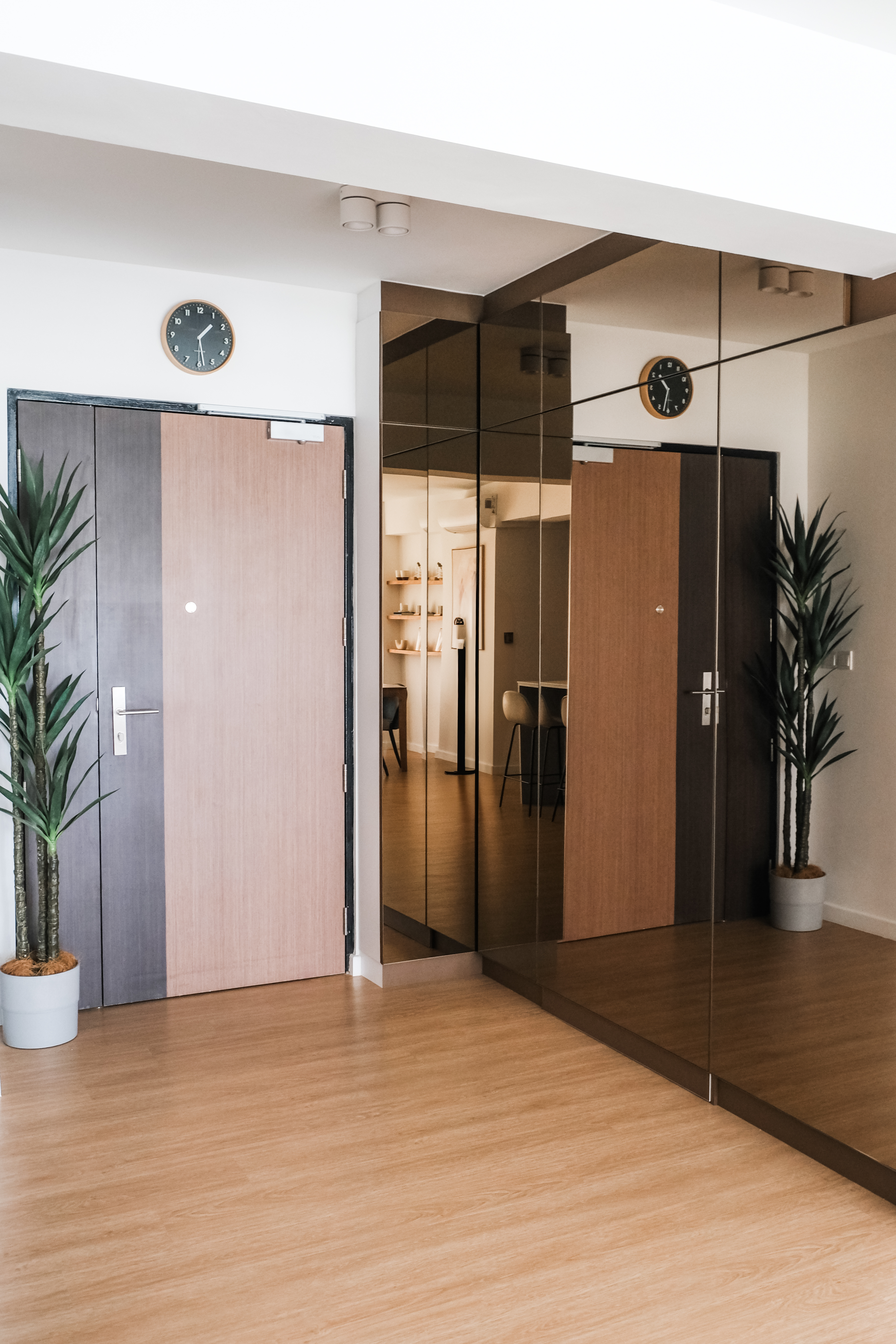 Inviting Entryway to a Spacious Open-Concept Home - Modern minimalist interior, wooden flooring, large potted plant, sleek