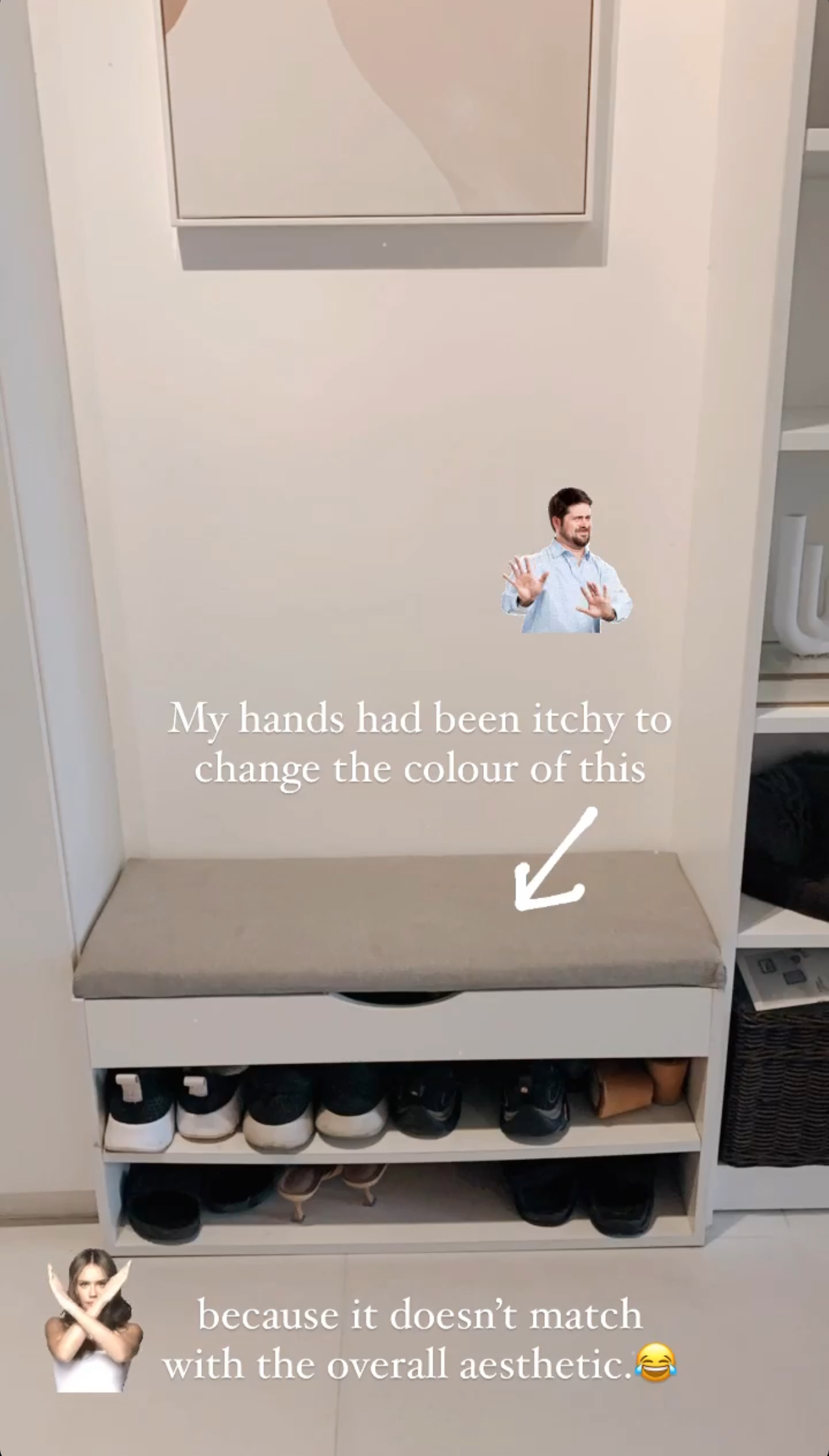 Our Entryway: Creating A Functional And Aesthetic Space With DIY  - Wall, shoe rack, shoes, white shelf, beige cushion