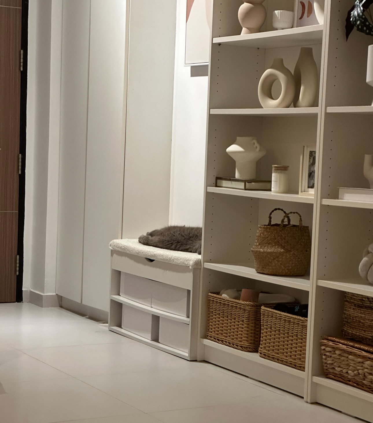 Our Entryway: Creating A Functional And Aesthetic Space With DIY  - shelf, white shelving, minimalist decor, soft beige