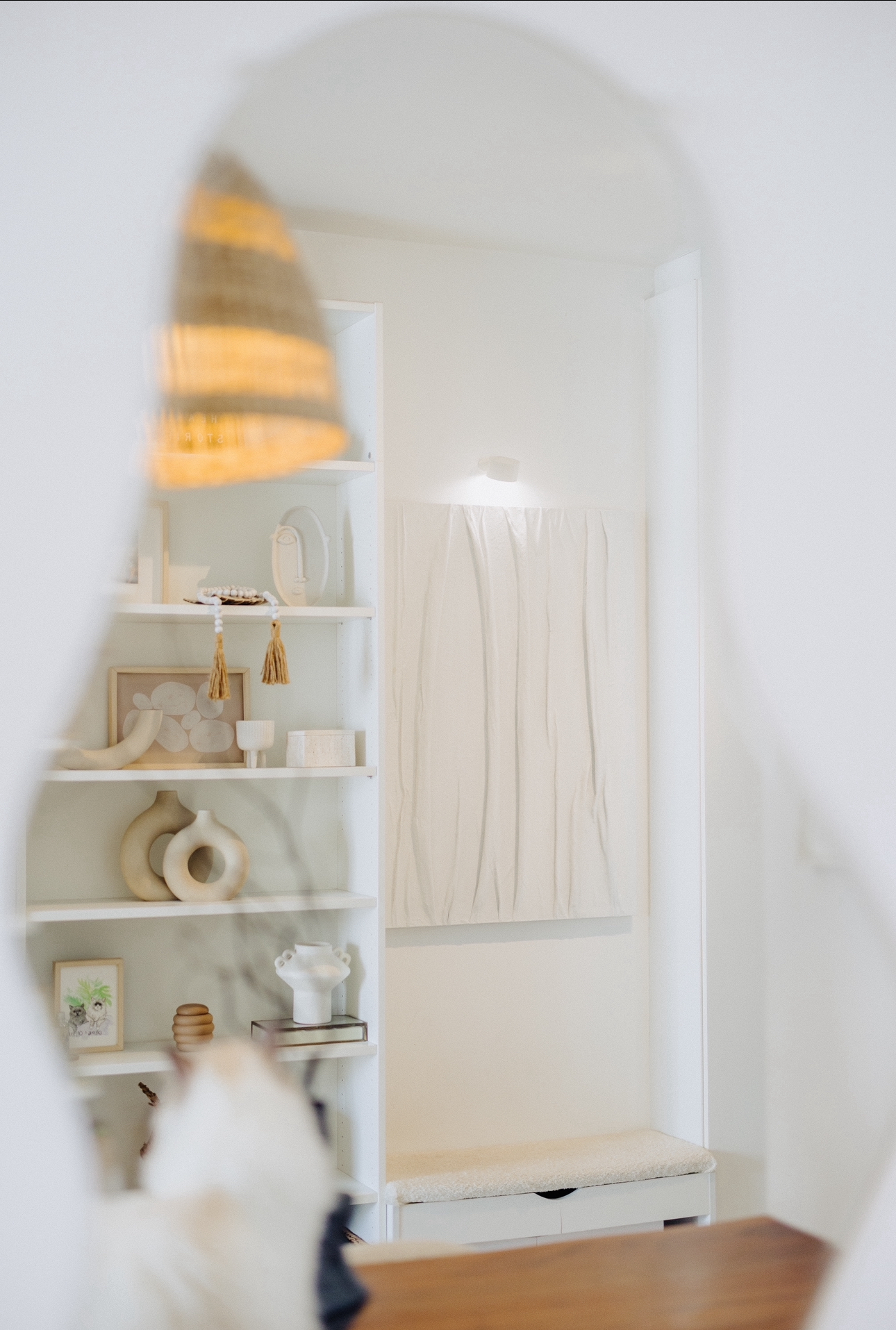 Our Entryway: Creating A Functional And Aesthetic Space With DIY  - shelf, white walls, minimalist decor, abstract art, woven