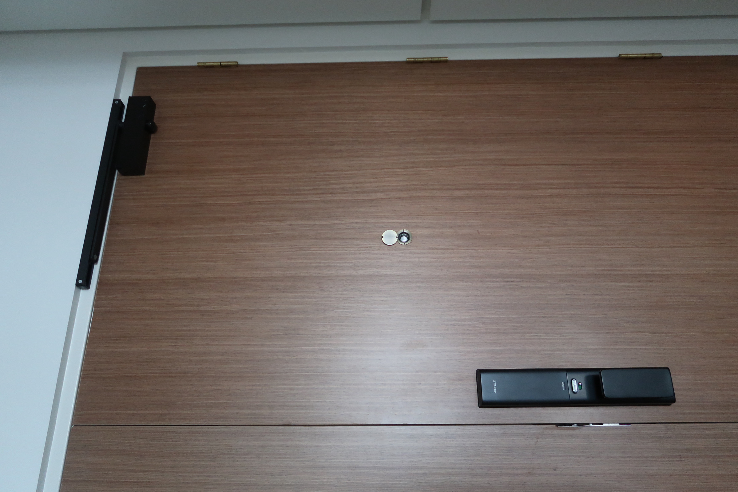 Our Entryway: Neat and seamless walkway - Wooden door, black door handle, small round object, metallic object, smartphone