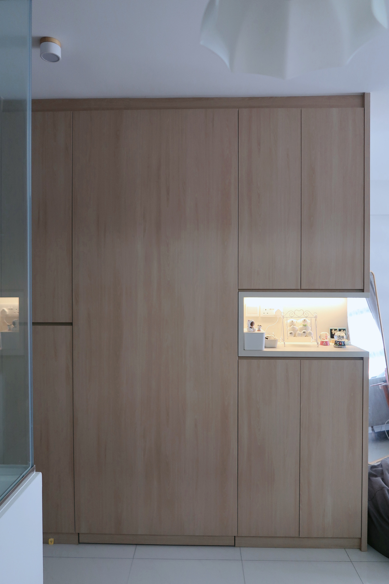 Our Entryway: Neat and seamless walkway - Wooden cabinet, minimalist design, light brown finish, built-in shelving