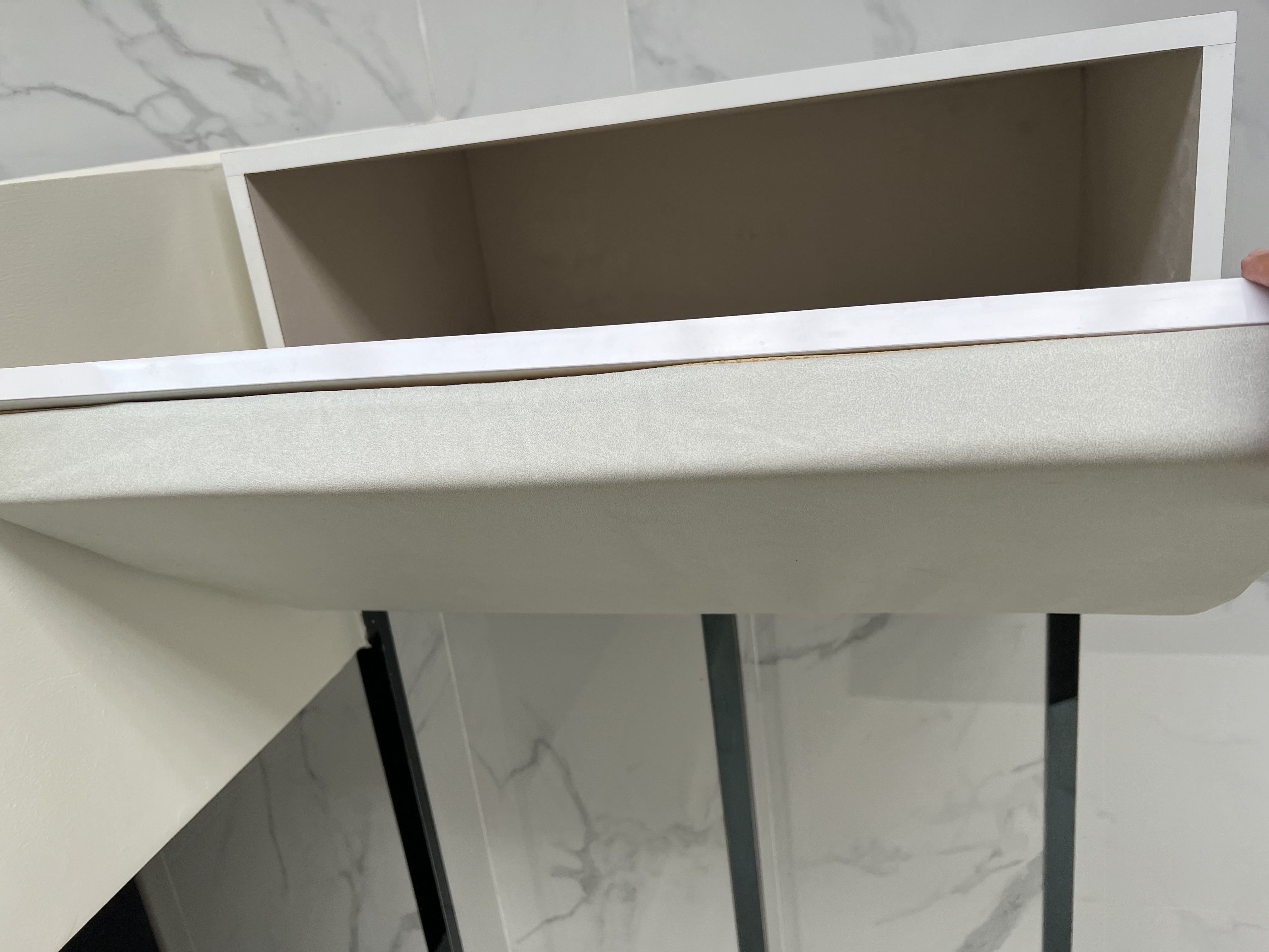 Entryway Evolution: From Hiccups to Highlights - White bathroom vanity, minimalist design, floating shelf, beige countertop