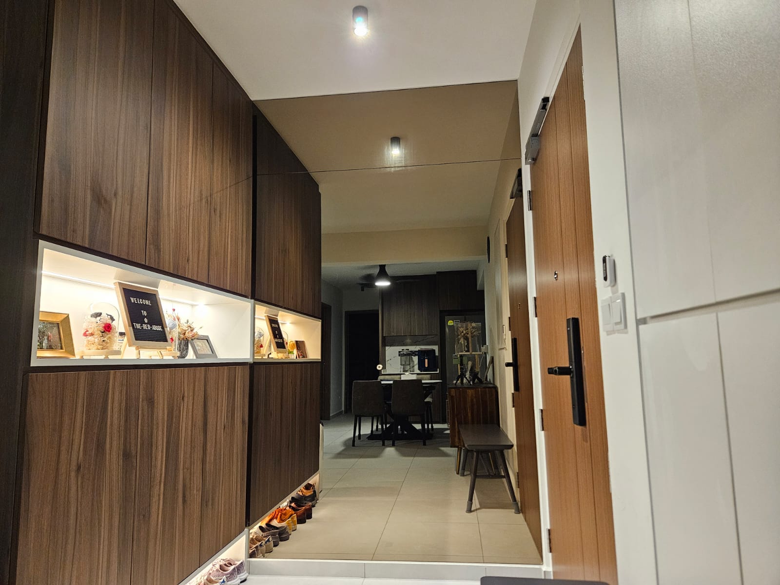 Making our Grand Entryway Welcoming Everyday! - Wooden cabinetry, modern kitchen, dining area, dining table, chairs, kitchen