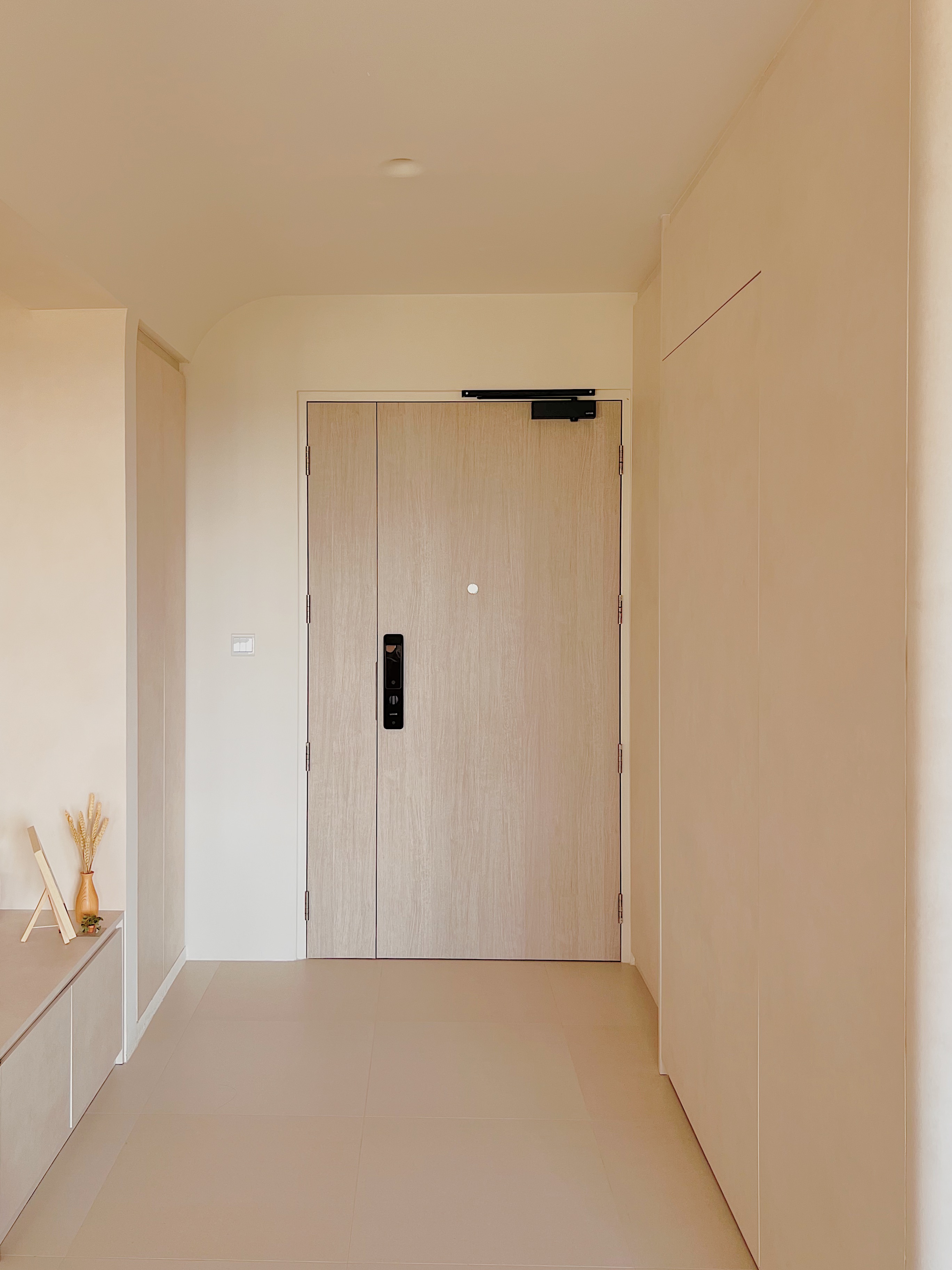 Welcome Home: Embracing Clutter-free Living - Minimalist hallway, beige walls, modern door, wooden cabinets, sleek design