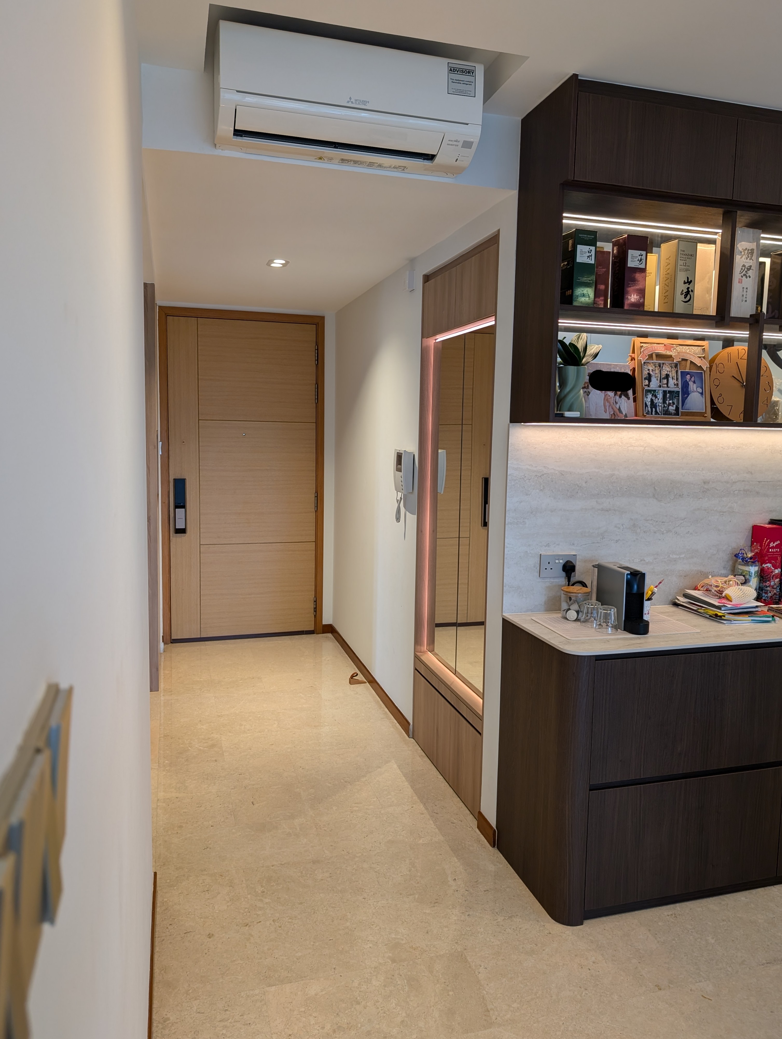 Huh you have 3 shoe cabinets?? 🐛🐛 - Air conditioner, air conditioning unit, modern interior, wooden cabinets, bookshelf