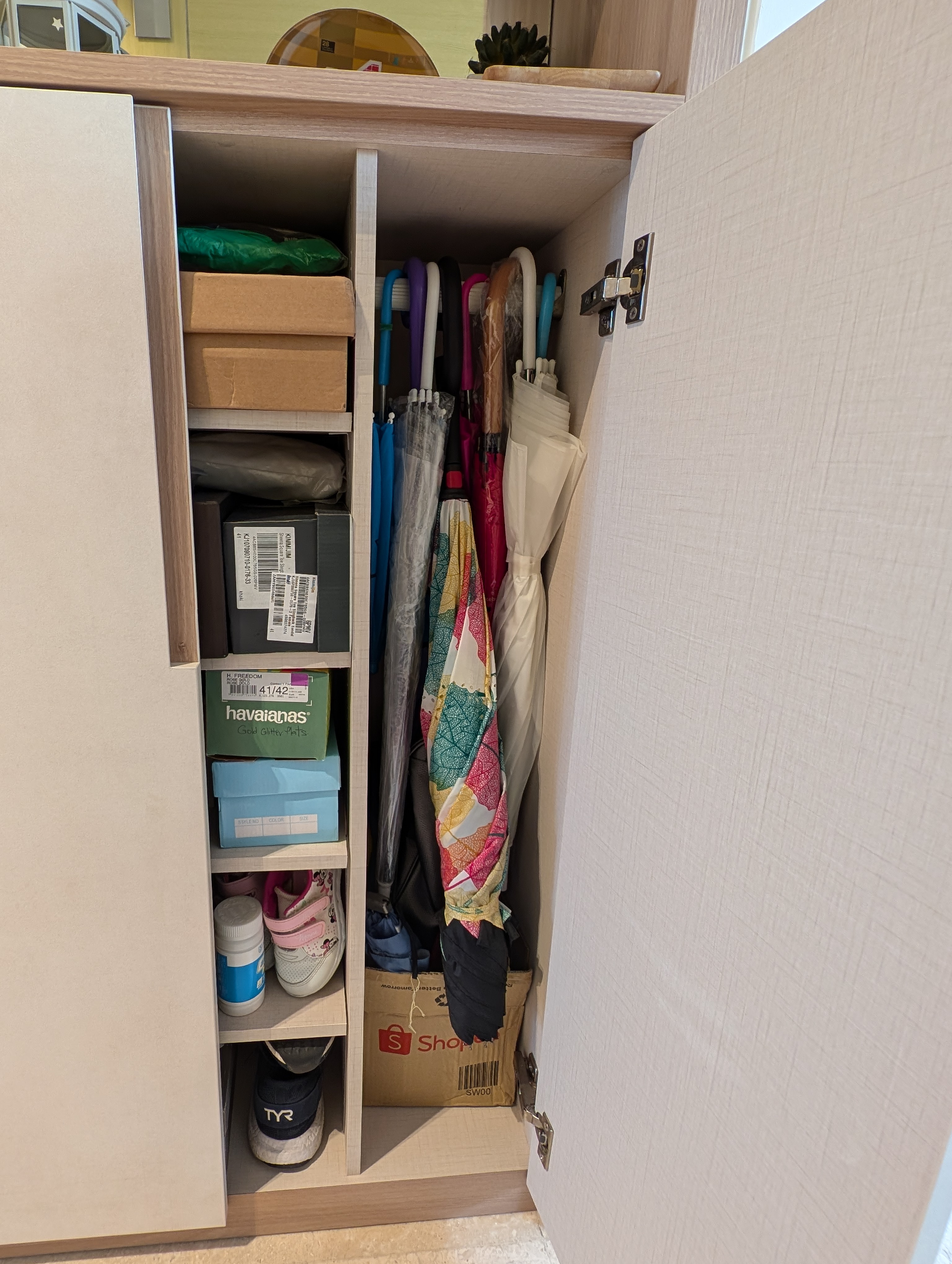 Huh you have 3 shoe cabinets?? 🐛🐛 - umbrella, closet, organized, storage, shoes, socks,