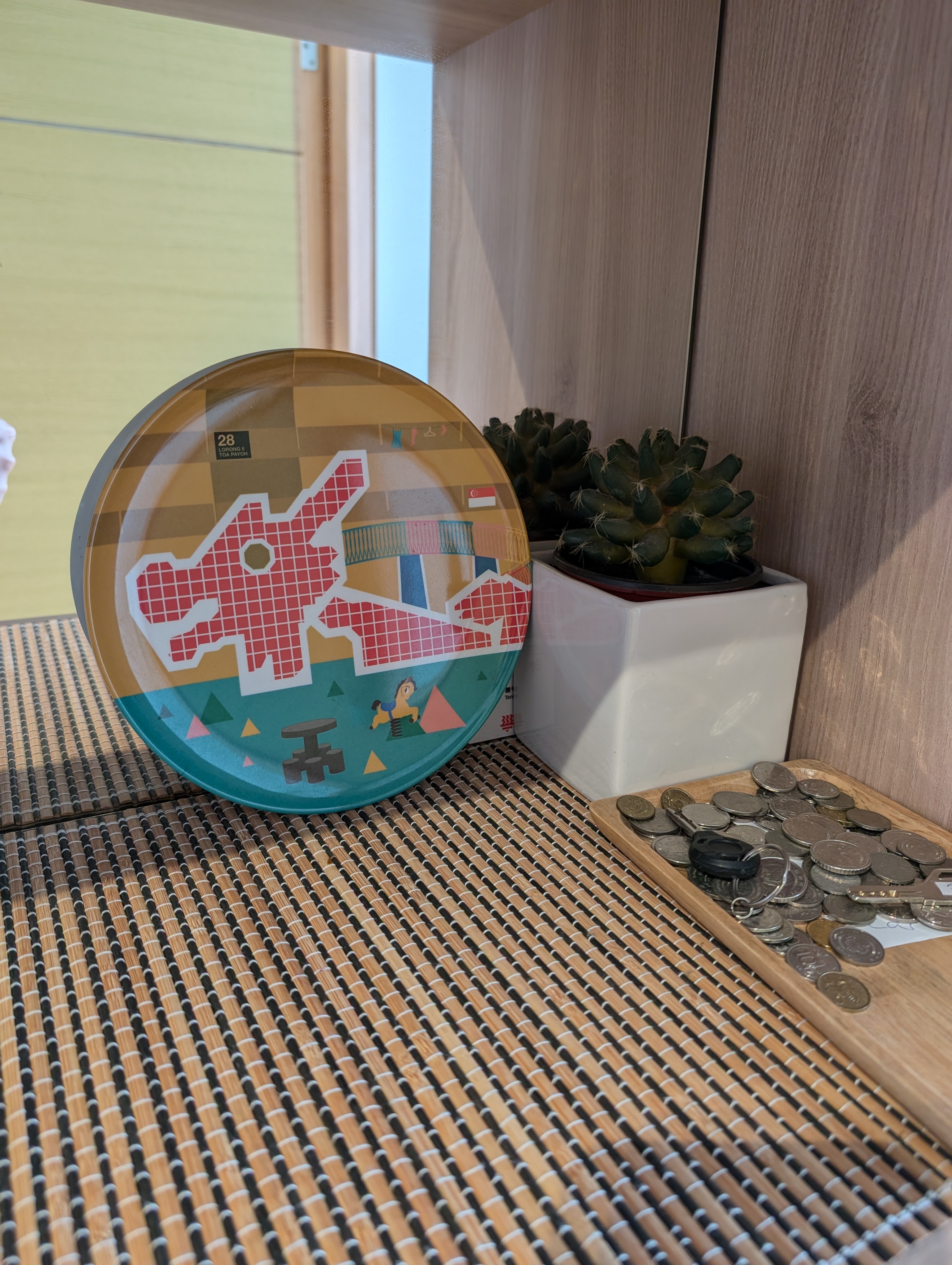 Huh you have 3 shoe cabinets?? 🐛🐛 - Wooden cabinet, colorful plate, Singapore flag, 28 LORONG 8 TON PAYOH, potted cactus