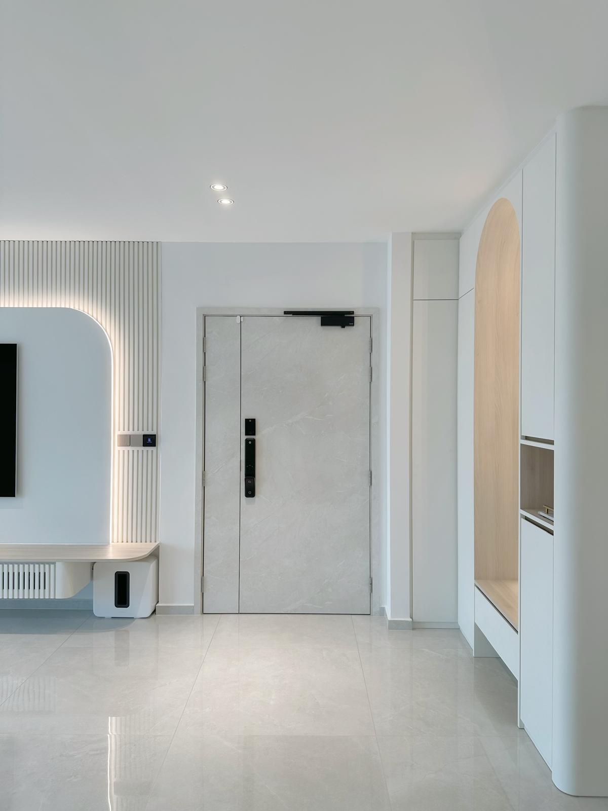 Our foyer: Mirror settee with smart lights & built-in shoe cabinet - Modern minimalist living room, sleek white cabinets