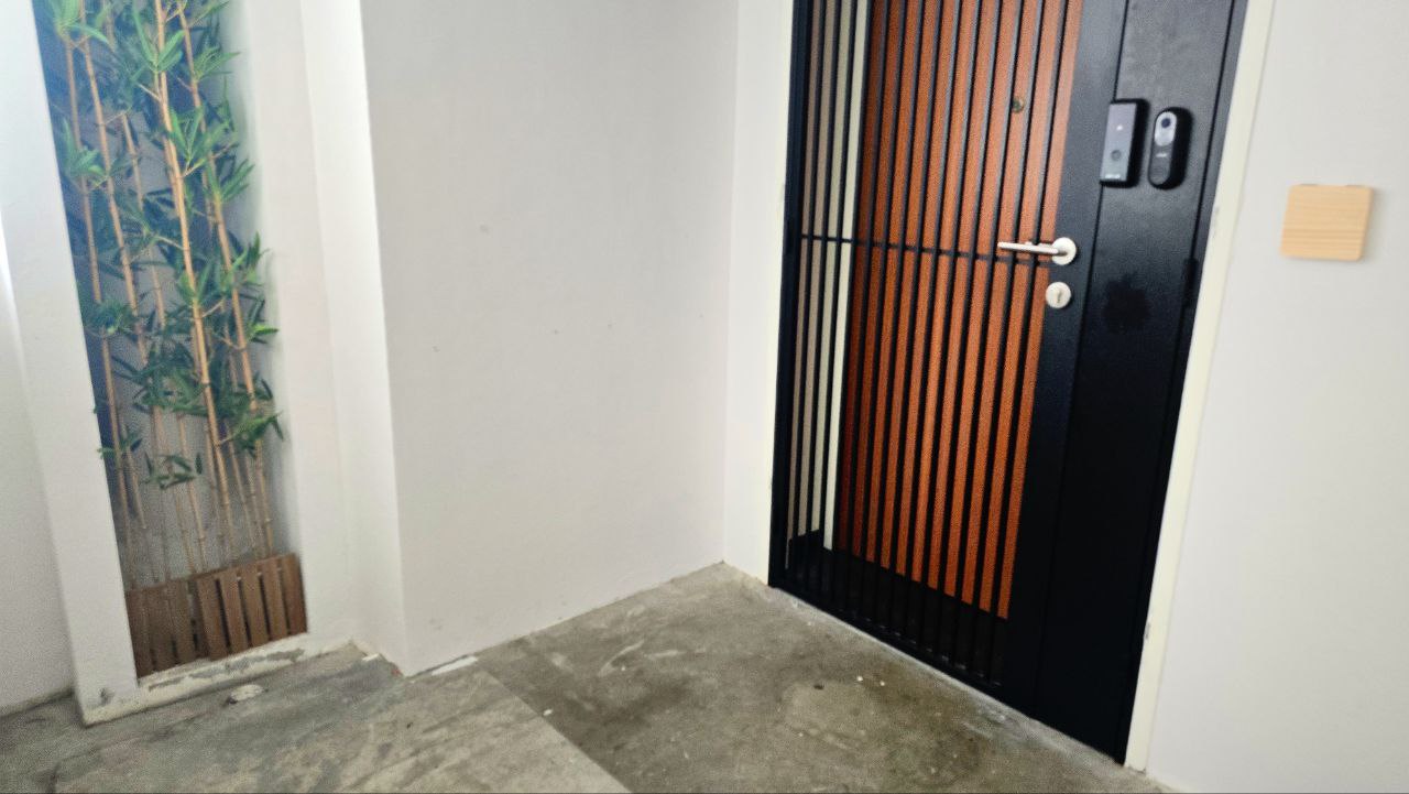 Introducing Fengshui Elements into our Entryway! - Modern minimalist design, sleek black door, vertical wooden slats, small