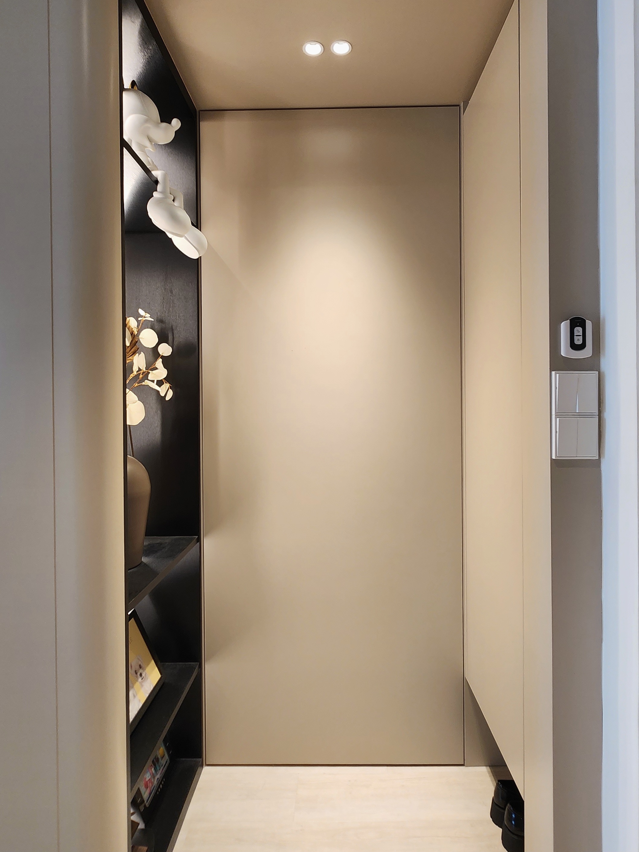 Our Entryway: See How We Utilise Narrow Spaces. Feat. A Dance Corner - Modern minimalist hallway, sleek black shelf, soft
