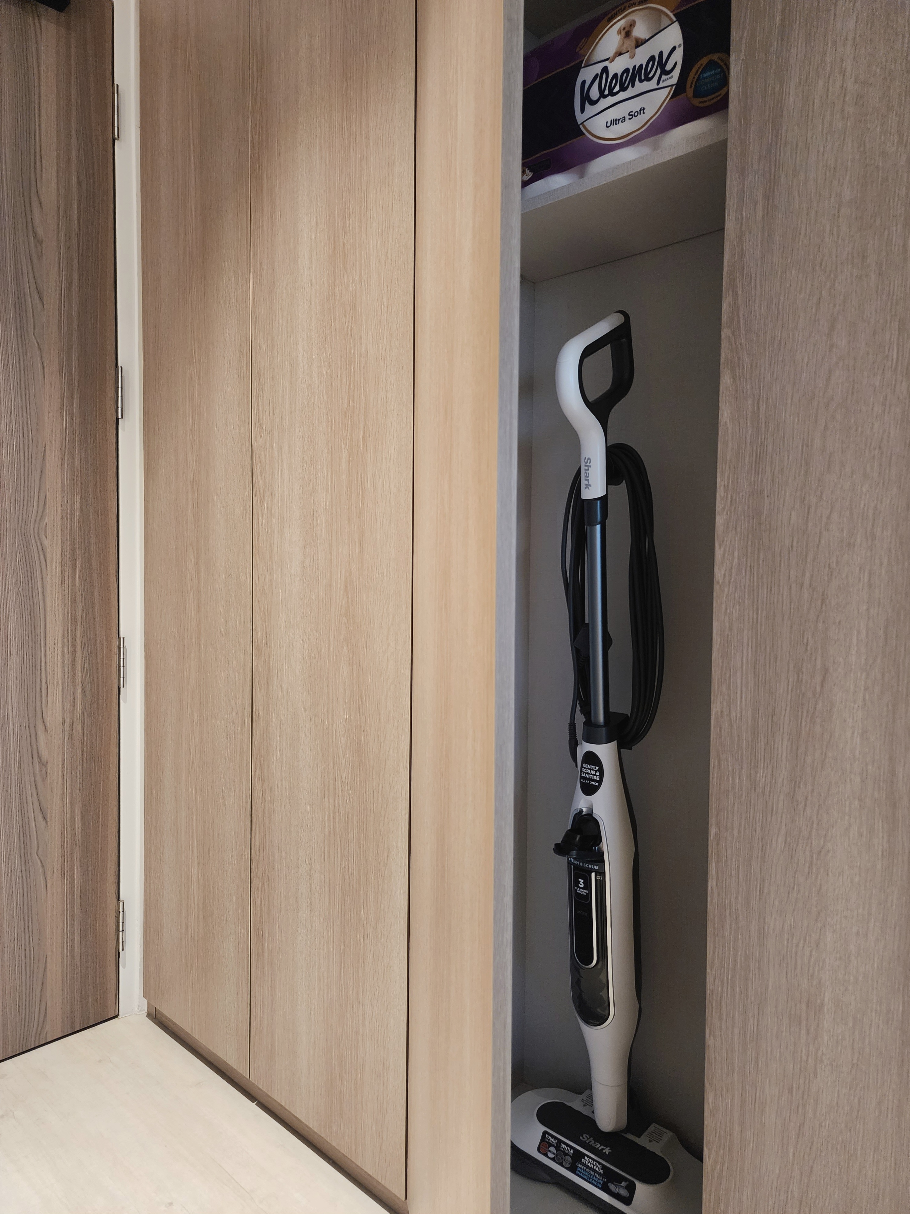 Our Entryway: See How We Utilise Narrow Spaces. Feat. A Dance Corner - Wooden cabinet doors, interior view, vacuum cleaner