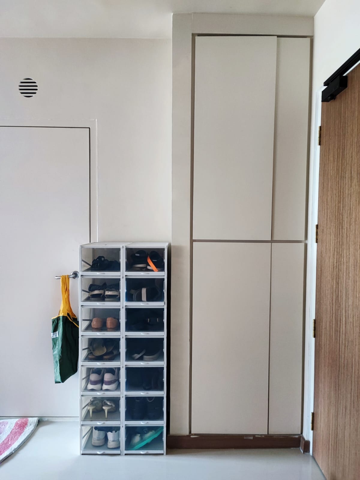 A functional entryway - Using paint to conceal unsightly areas! - Shoe organizer, shoe storage, transparent bins, shoe rack