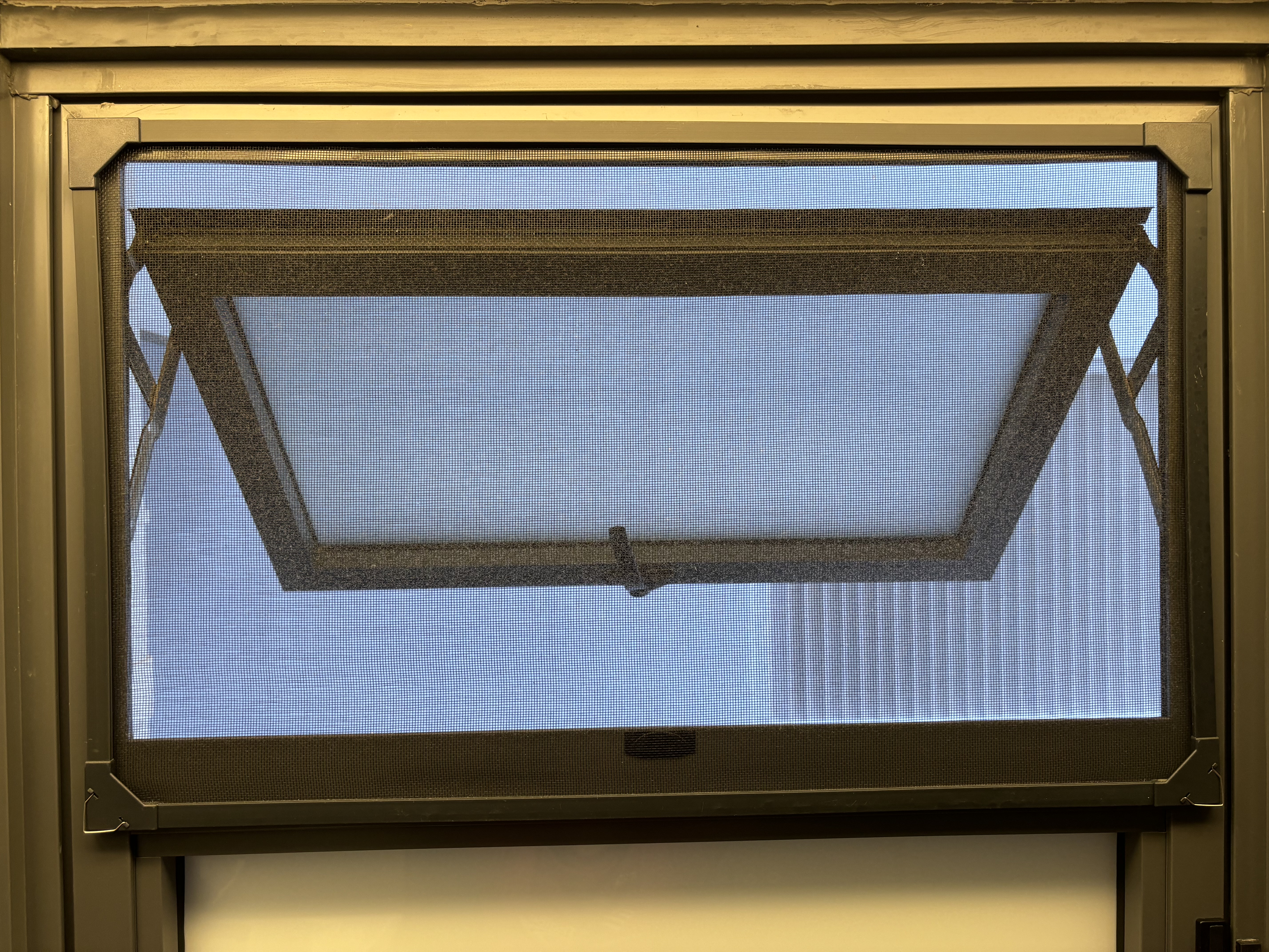 3-in-1 Security Mesh: Insect proof, child proof and cat proof  - Window with mesh screen, metal frame, vertical blinds, light