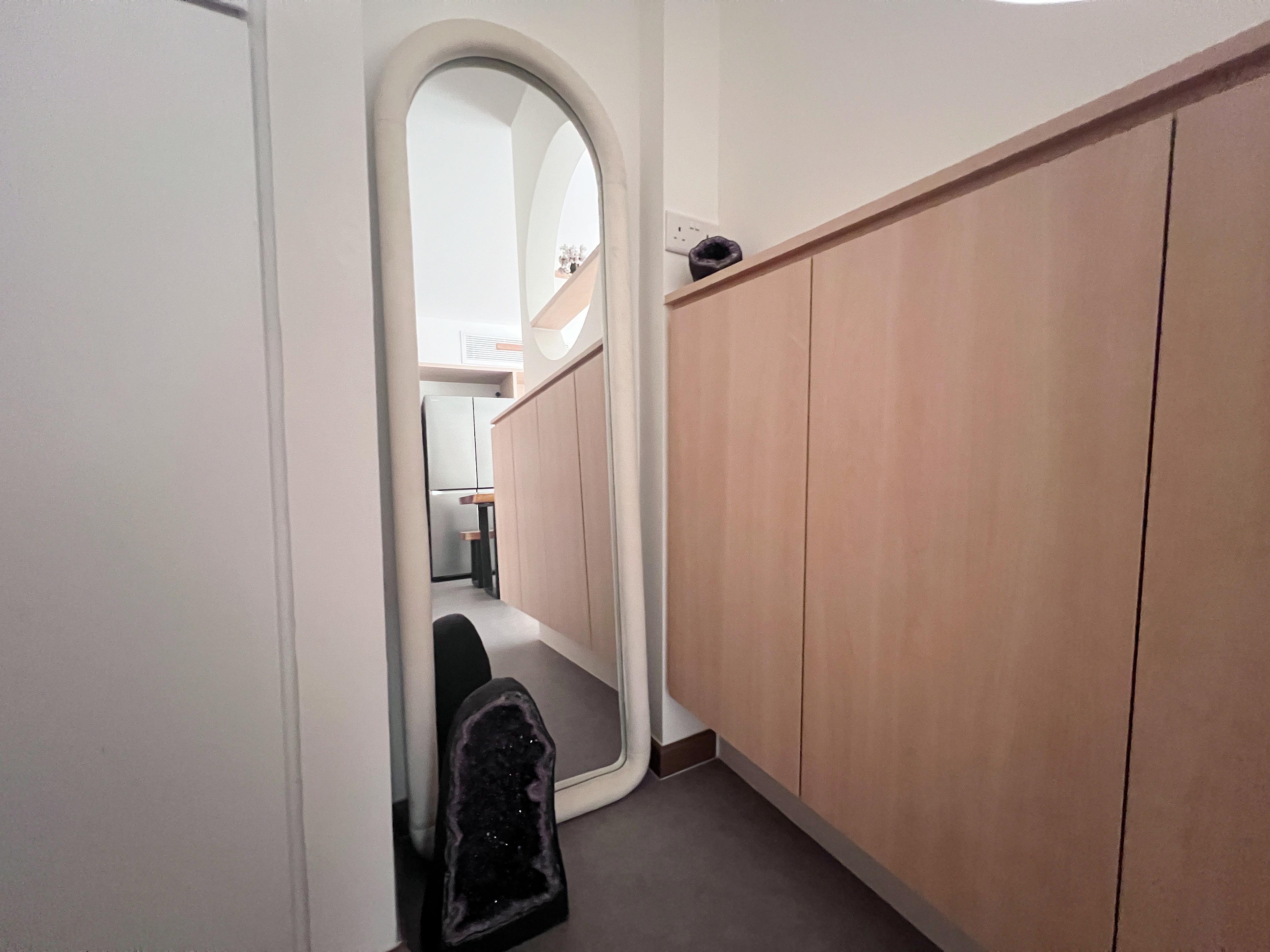 A simple & functional entryway with built in settee - Mirror, hallway, modern, minimalist, white walls, light wooden