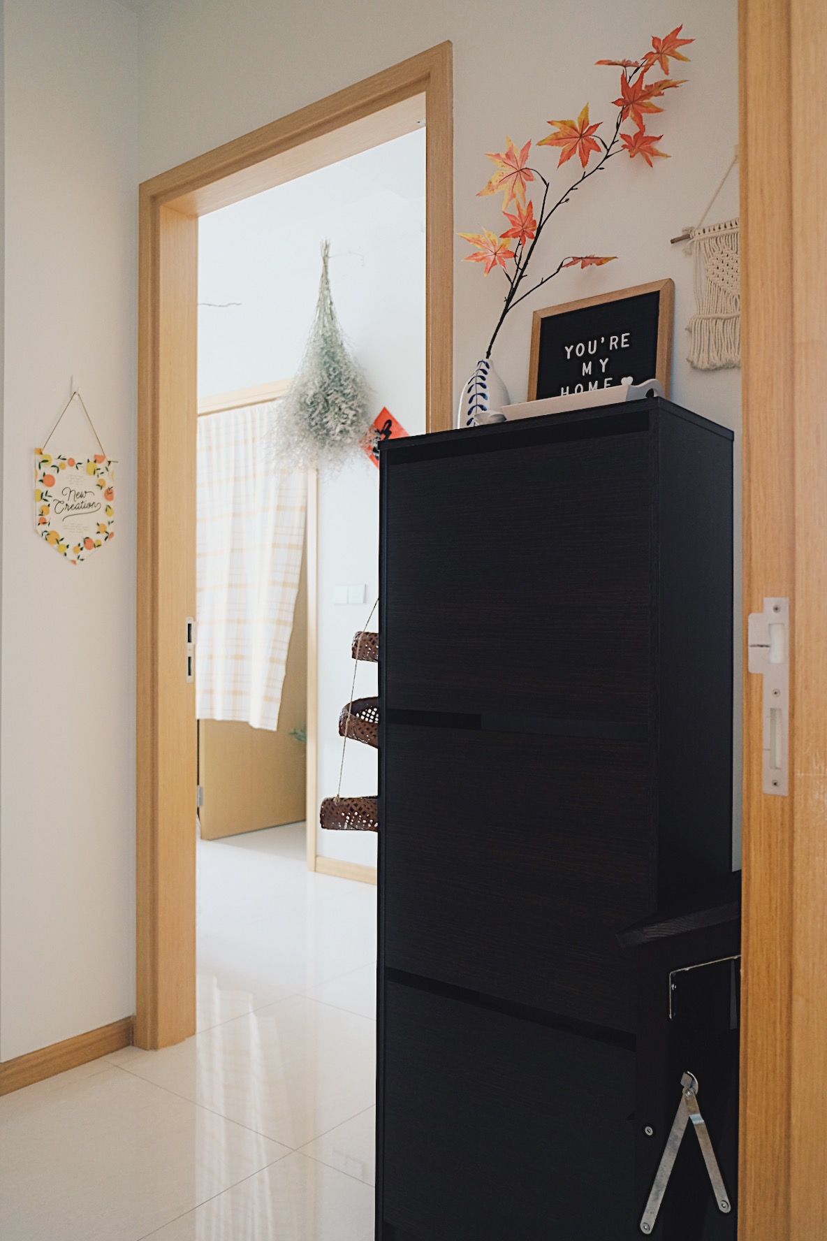 Cube-sized Foyer in a Dual-key Apt with a shoe rack and decor touches - Wooden doorway, modern interior, black cabinet