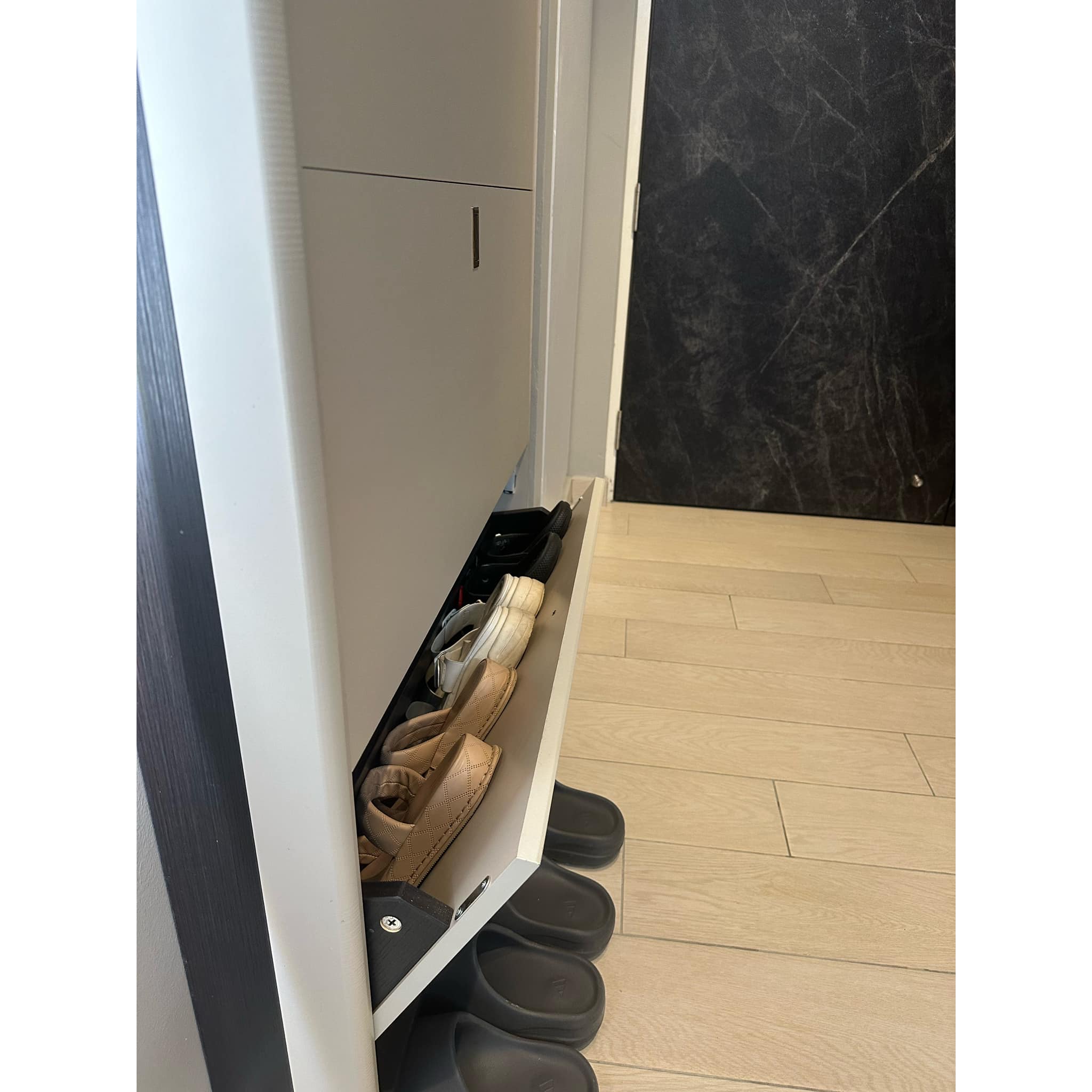 A Stylish Welcome: Sleek, Spacious and Shoe-Friendly - Shoes neatly arranged in a shoe rack, black slipper storage, light